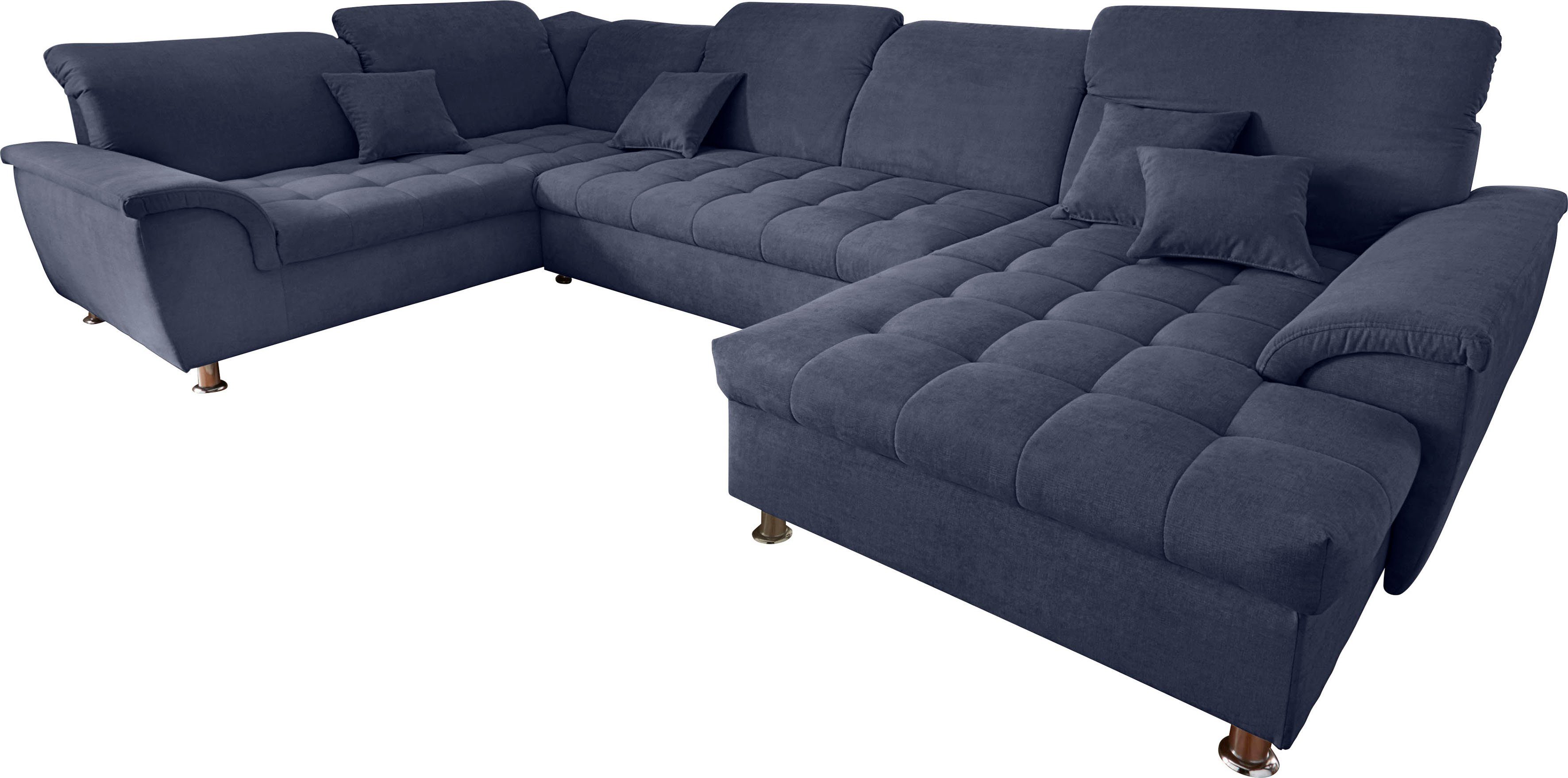 DOMO collection Wohnlandschaft FRANZI optional mit Bettfunktion, Bettkasten & Kopfteilverstellung, U-Form, Recamiere rechts, marine, B/T: 352/214 cm