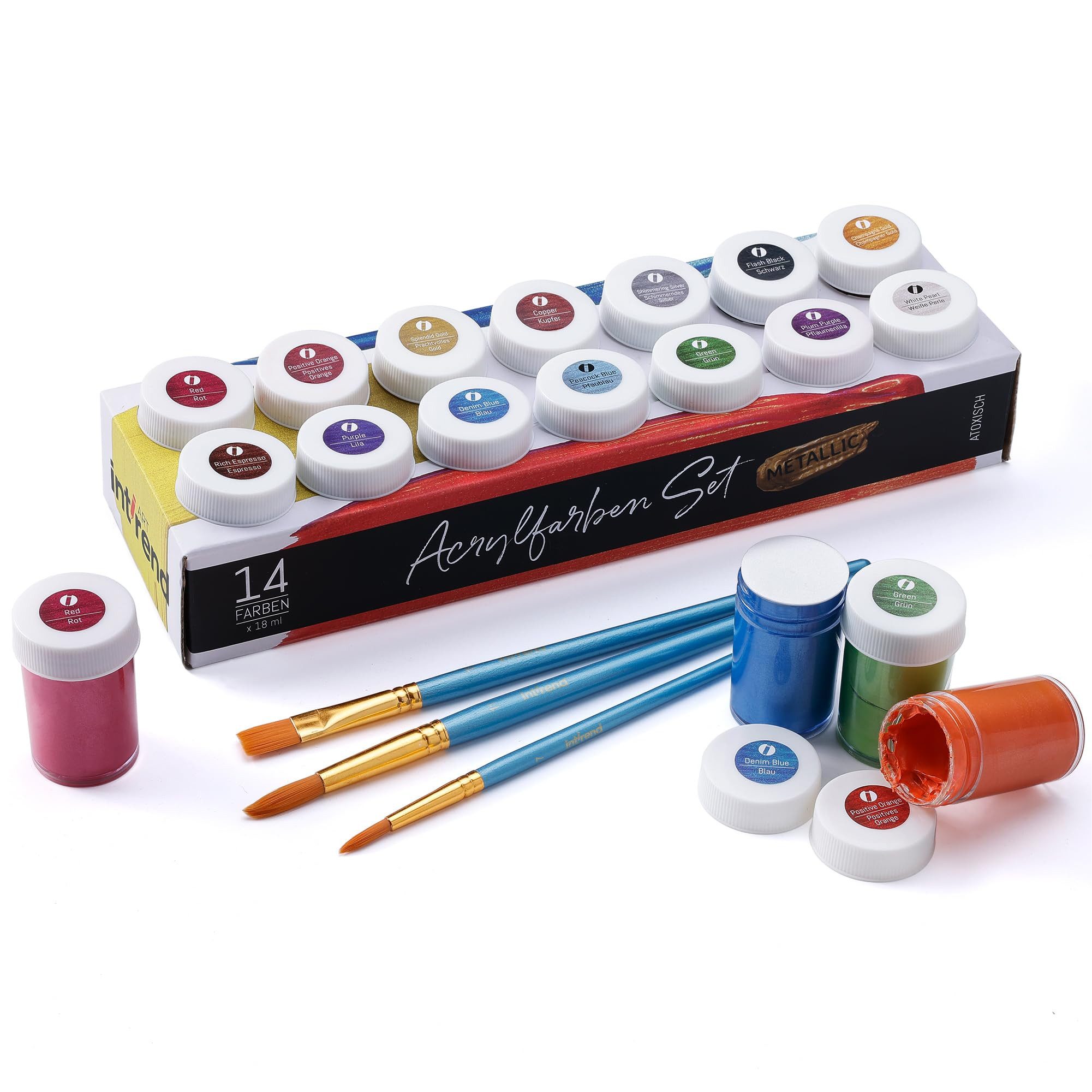 int!rend Acrylfarbe int!rend Acrylfarben Metallic Set 14 Farben mit 3 Pinseln