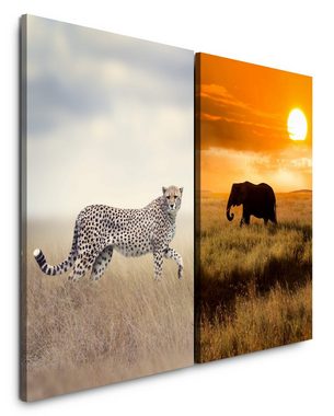 Sinus Art Leinwandbild 2 Bilder je 60x90cm Gepard Elefant Afrika Wildnis Safari Sonne Natur