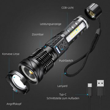 MDHAND LED Taschenlampe Aufladbare USB-Taschenlampe (Set, 1-St), 7 Lichtmodi skalierbar, IP64 wasserdicht
