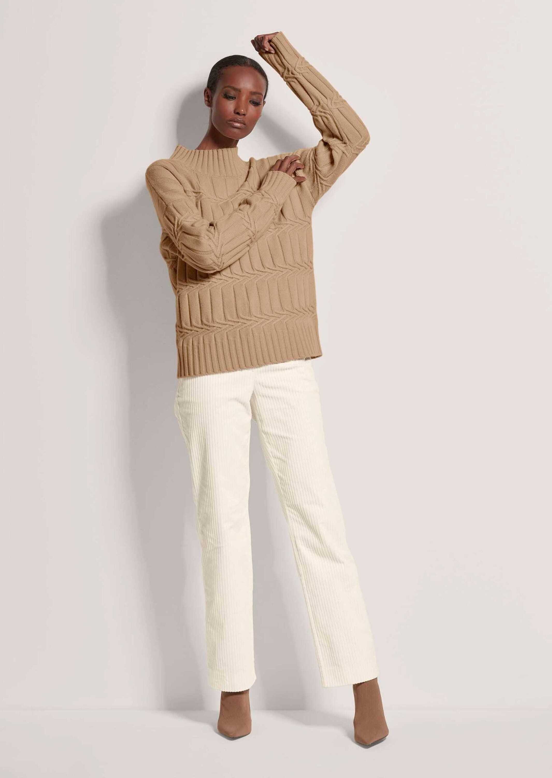 MADELEINE Strickpullover Eleganter Kaschmirpullover mit Stehkragen Wollpullover mit Zopfmuster, Rippenblenden und Langarm