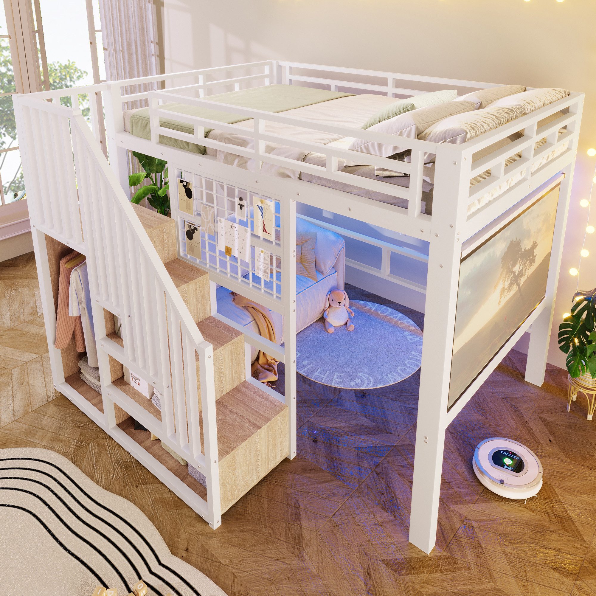 TavilaEcon Hochbett Eisenbett mit Aufbewahrungstreppe, Gitter, Aufhängestange (1-St) LED-Licht, ohne Matratze, 90/140×200cm, Schwarz/Weiß