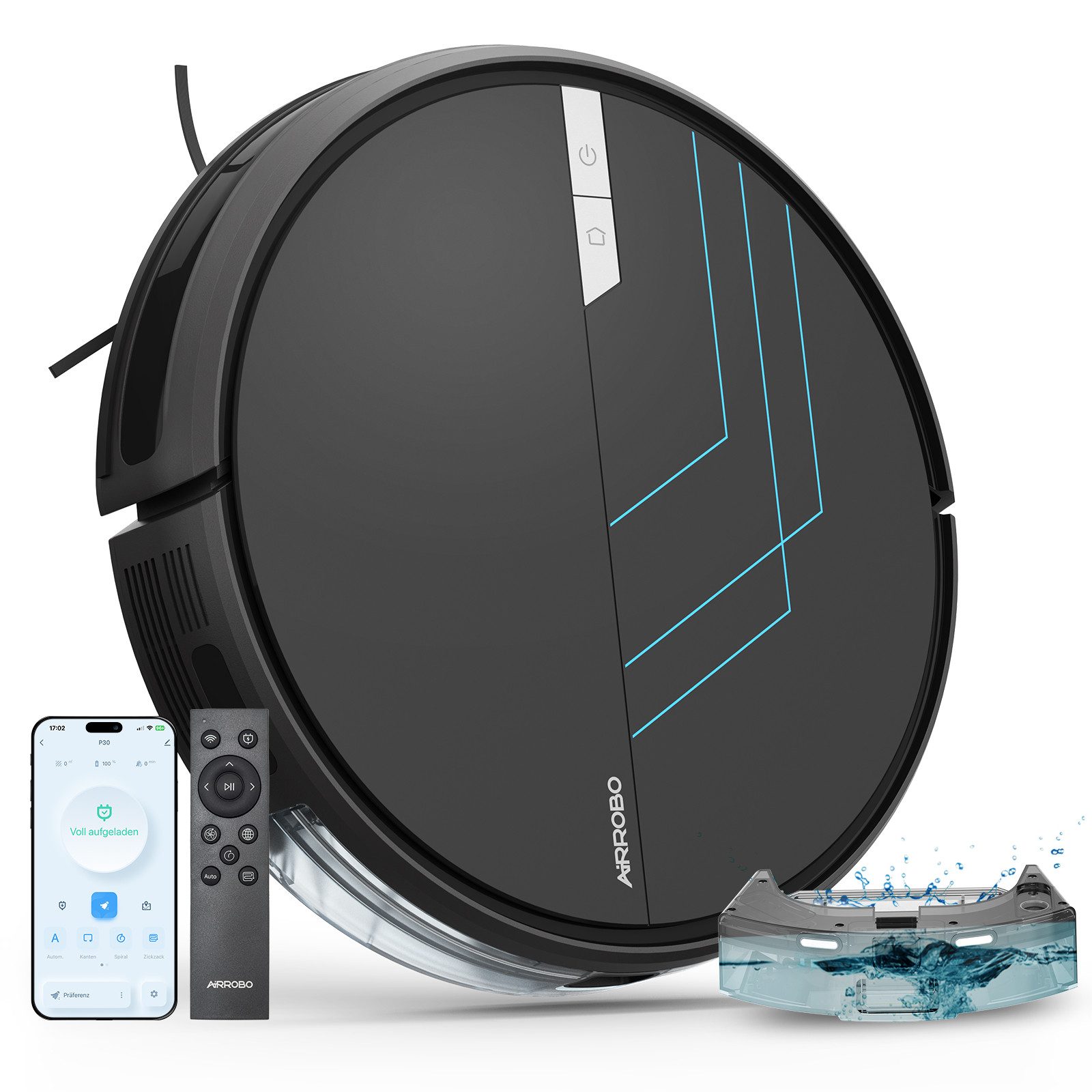 AIRROBO Nass-Trocken-Saugroboter Saugroboter mit Wischfunktion, 3000 Pa starke Saugkraft, 3-in-1 Kehren & Saugen & Wischen, intelligente Gyroskop-Navigation, Unterstützt WLAN/App/Sprachsteuerung, für Tierhaare & Hartböden