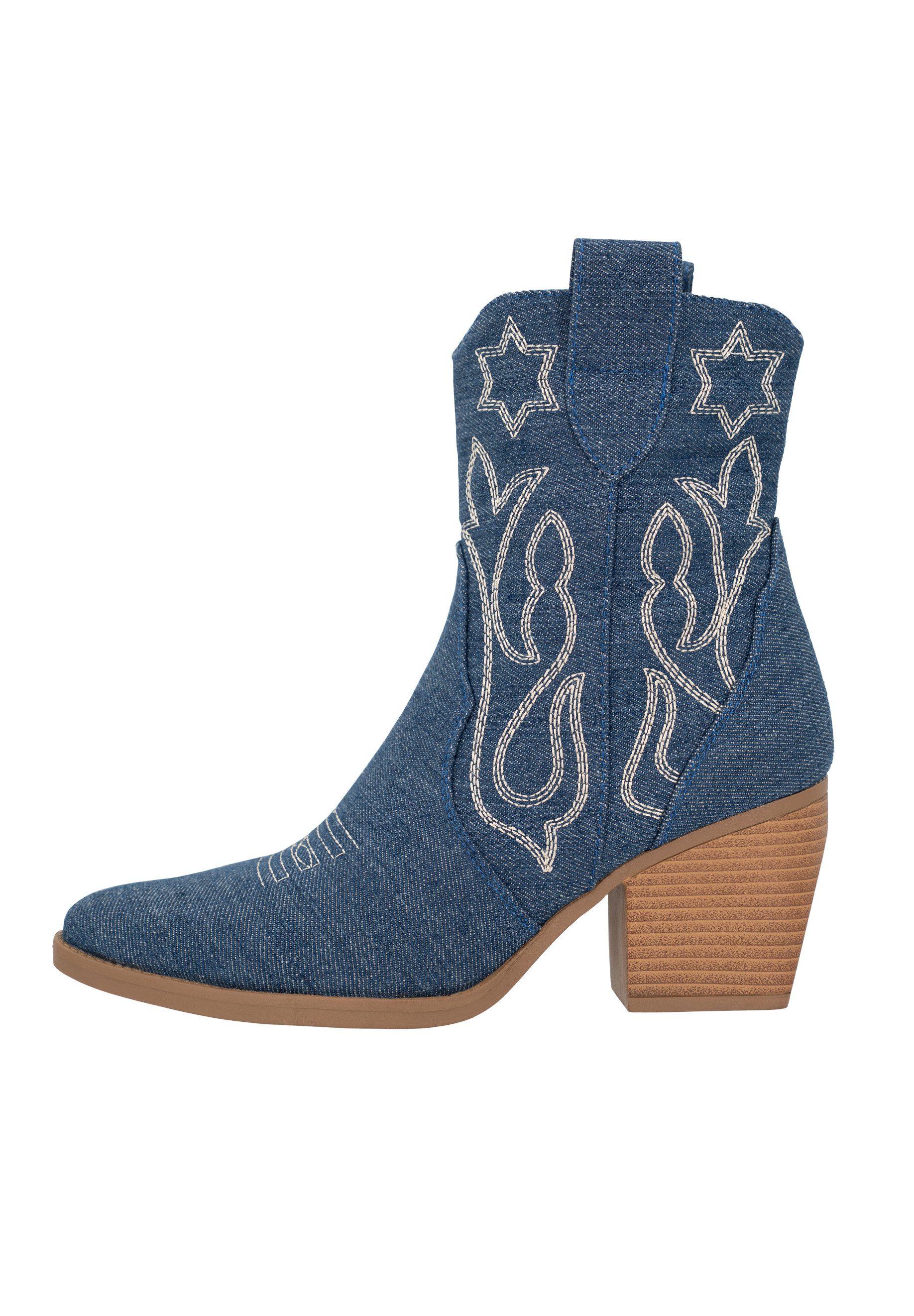 Salinyang Damen Western Stiefeletten in Denim-Optik mit Stickerei und Absatz Cowboystiefel