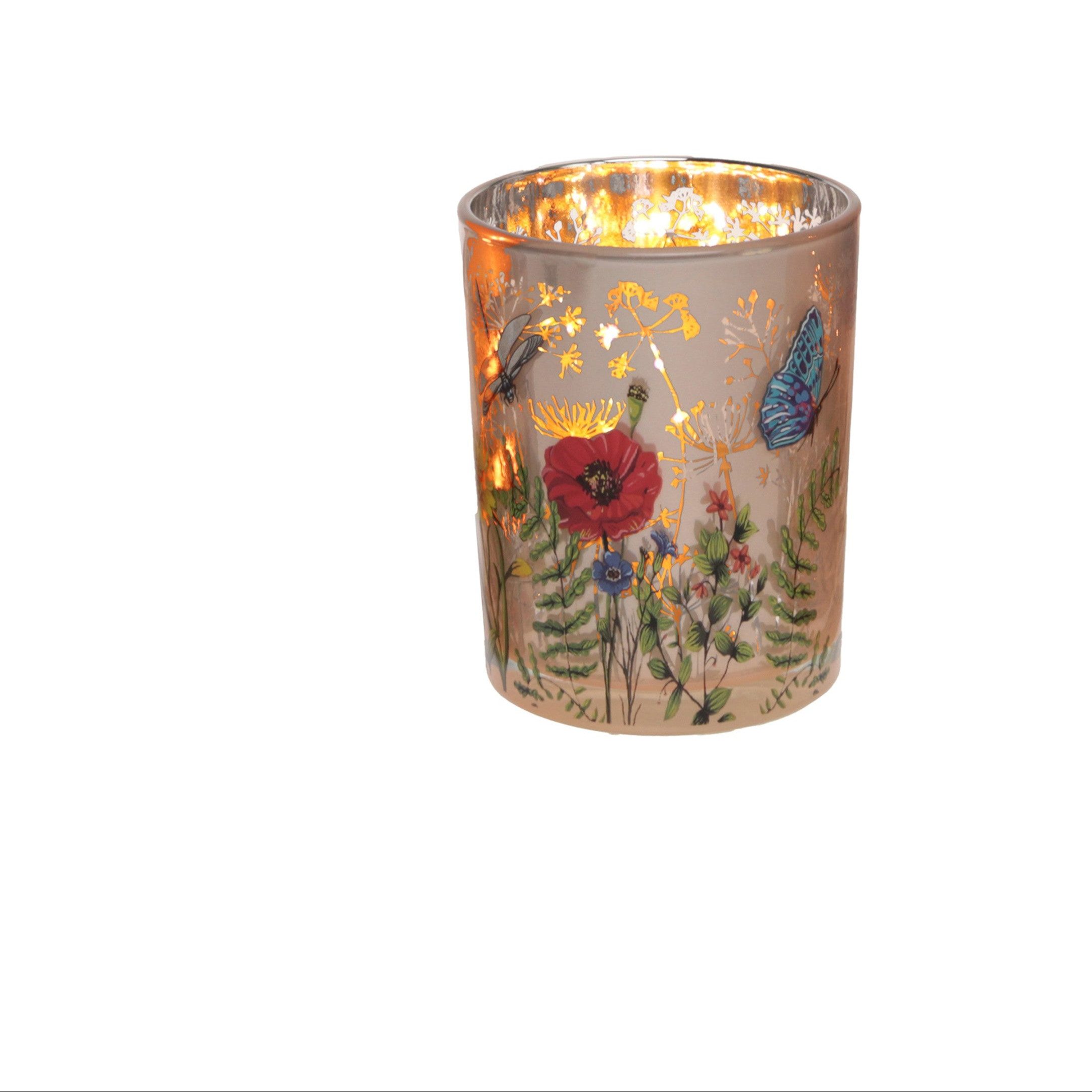 finehomegarden Windlicht Teelichtglas mit Blumen Dekor Teelichterhalter bunt Ø10cm H12cm (1 St), Blumenwiese Glas Windlicht