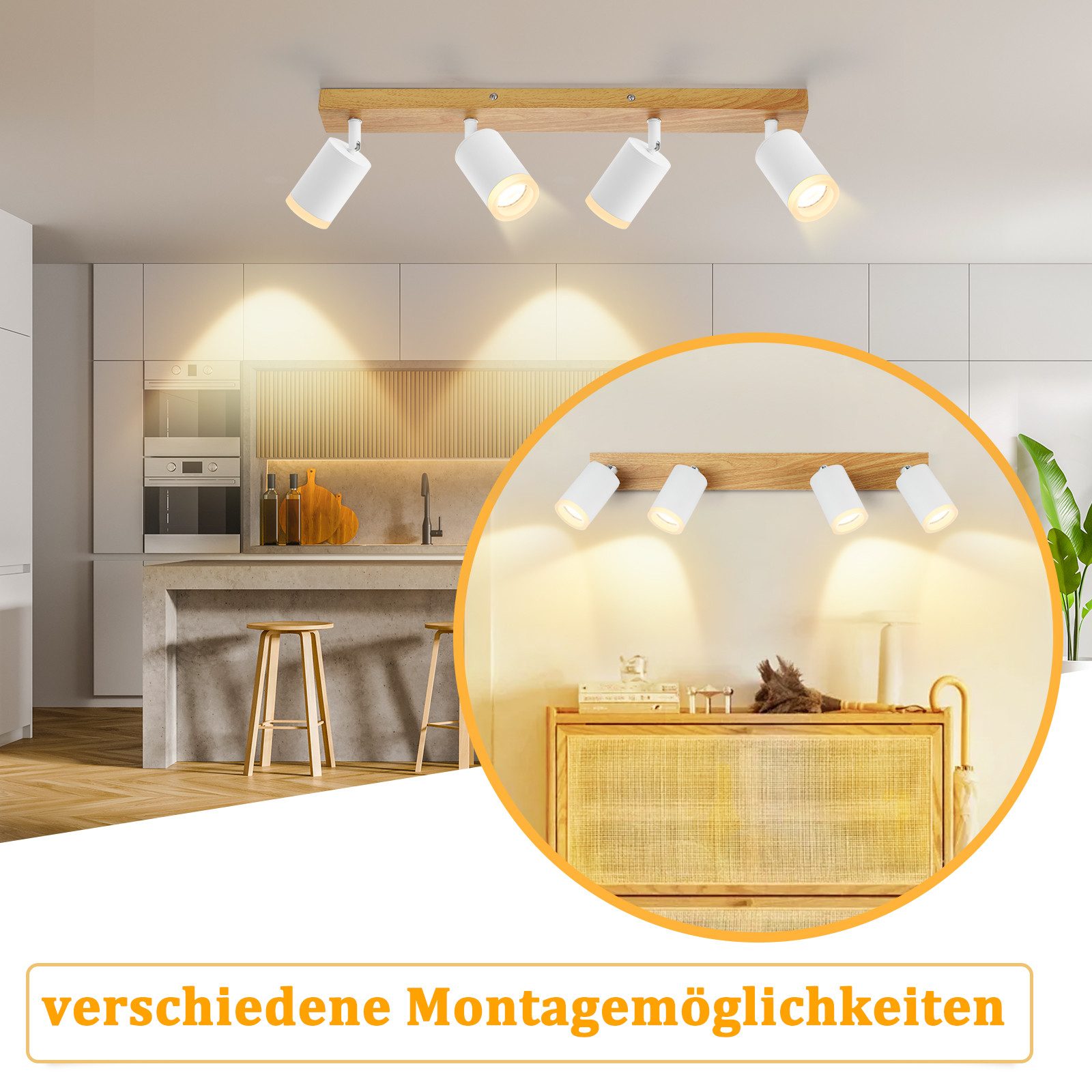 ZMH LED Deckenstrahler 2/3/4 Flammig GU10 Holz-Acryl Deckenleuchte 350° Drehbar Wohnzimmer, Einfache Installation, ohne Leuchtmittel, 2 Installationsmethoden(Decken/Wandmontage) Vintage Flur