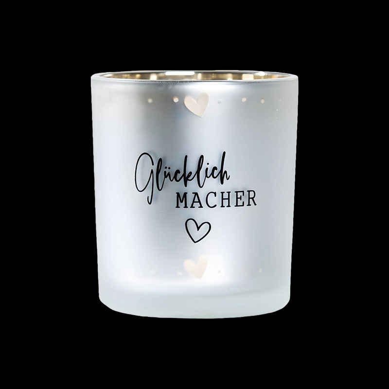 GILDE Teelichthalter Glas Windlicht Glücklich Macher (Einzelartikel, 1 St), Designobjekt, für Drinnen & Draußen (überdacht)