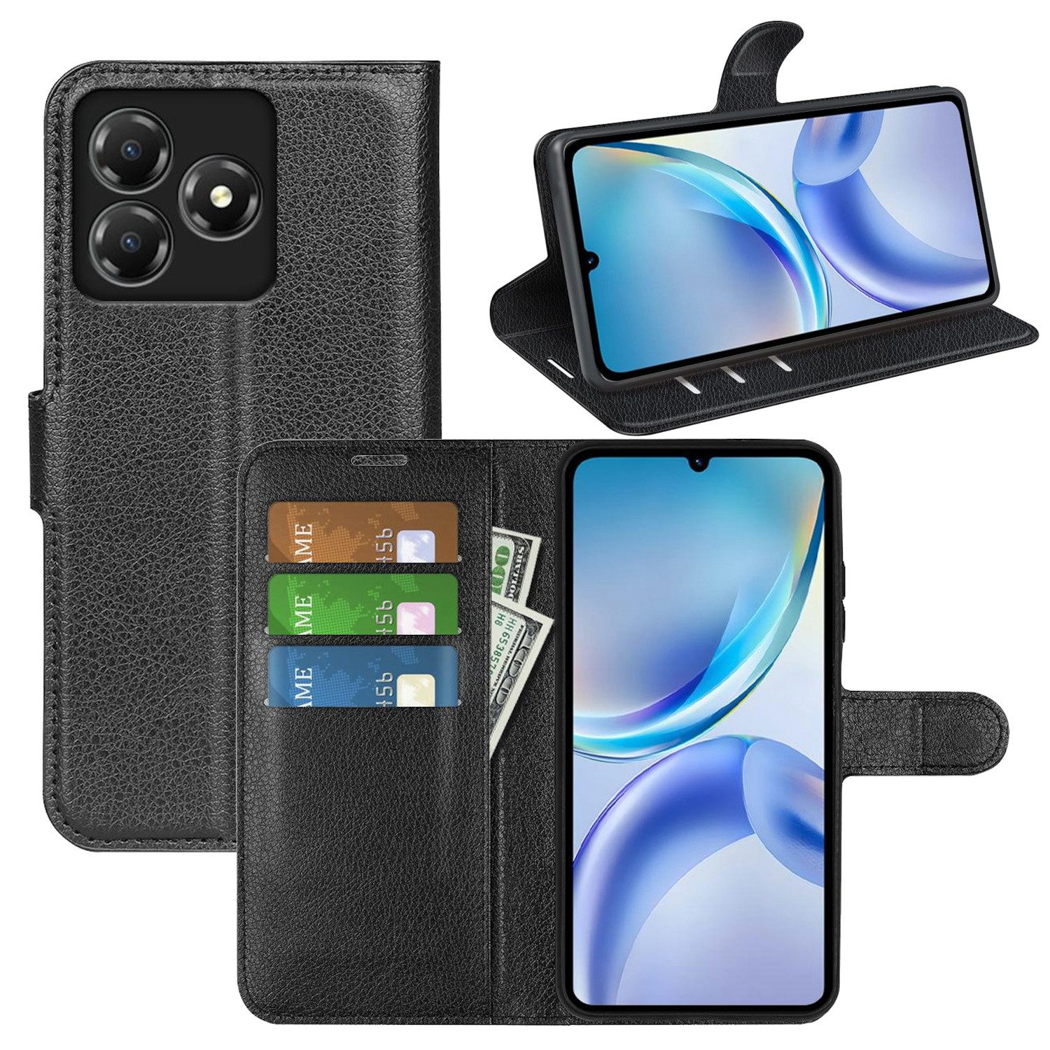 Wigento Smartphone-Hülle Für ZTE Blade A36 Kunstleder Book Wallet Handy Tasche Hülle Schwarz, Kunstleder Hülle mit Kartenfächern und Standfunktion