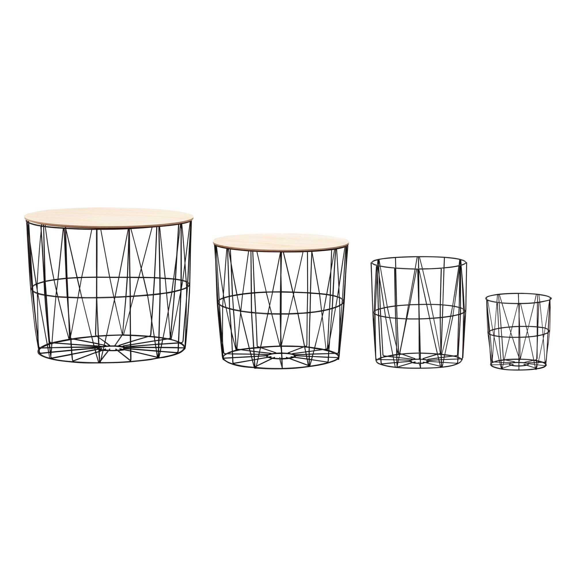 möbelando Beistelltisch Design Beistelltisch 4er Set aus Körben Schwarz, Design Beistelltisch 4er Set aus Körben Schwarz / Eiche, Moderne Korbtische mit abnehmbaren Tablett, Satztisch 4-teilig mit Stauraum. € 134,95