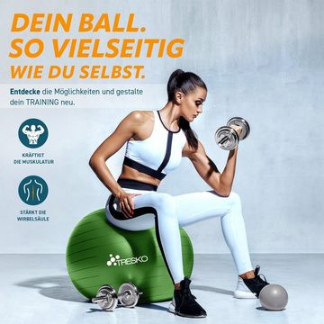 TRESKO Gymnastikball mit GRATIS Übungsposter inkl. Luftpumpe Yogaball, BPA-Frei Sitzball Büro Anti-Burst inkl. Luftpumpe, Fitnessball
