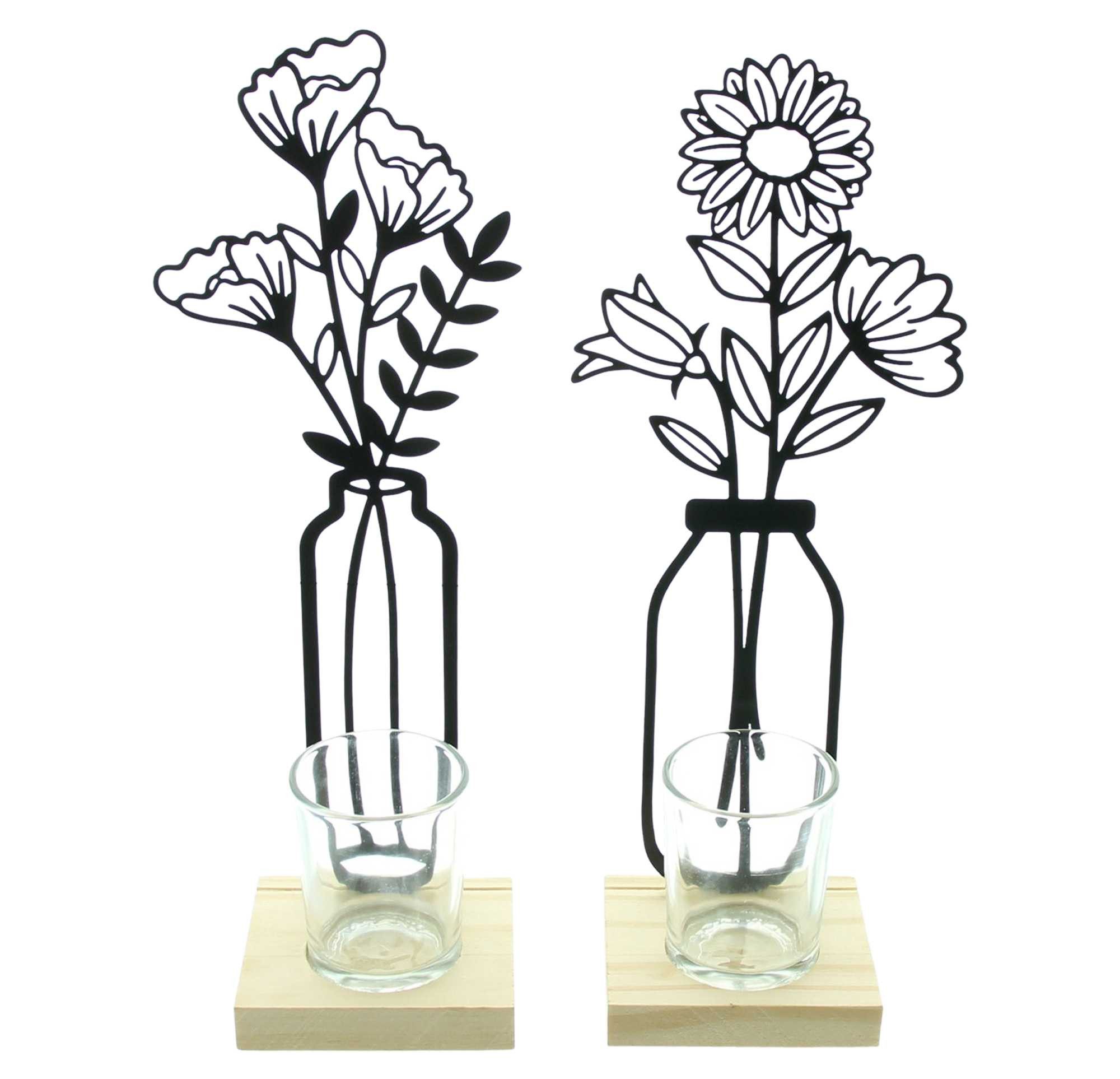 Dekoleidenschaft Teelichthalter "Metallblumen" matt schwarz, 27 cm hoch, Kerzengläser, Kerzenständer (2 St., im Set), auf Holz-Sockel, Metall Deko mit Windlicht-Glas