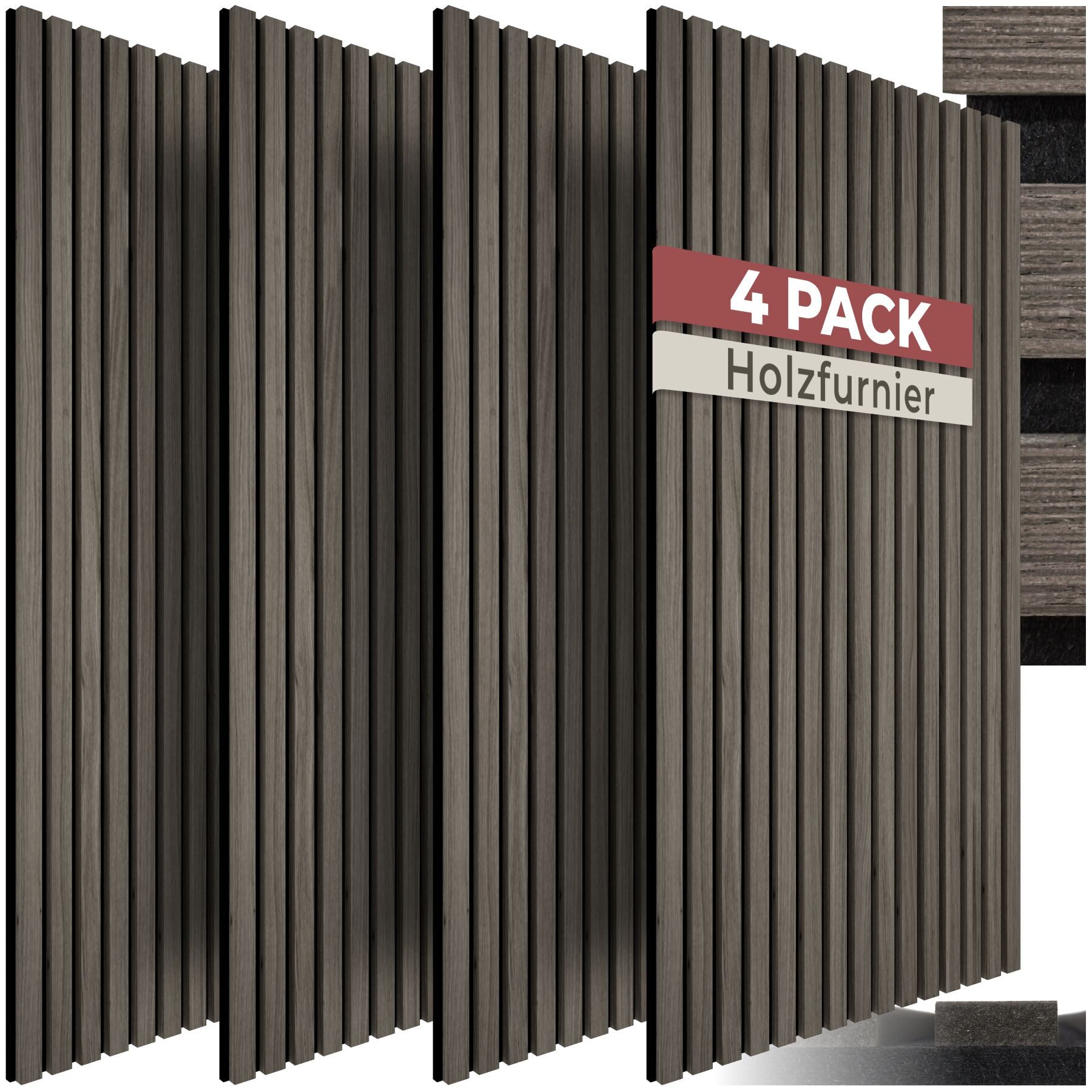 tectake Wandpaneel Akustikpaneele aus MDF und Echtholzfurnier - Eiche grau, BxL: 50x110 cm, 0.55000000000000004 qm, (Holzpaneele Sonic Wall II, 4-tlg., Größe flexibel anpassbar) schallabsorbierender Filz, einfache Montage mit Kleber oder Schrauben