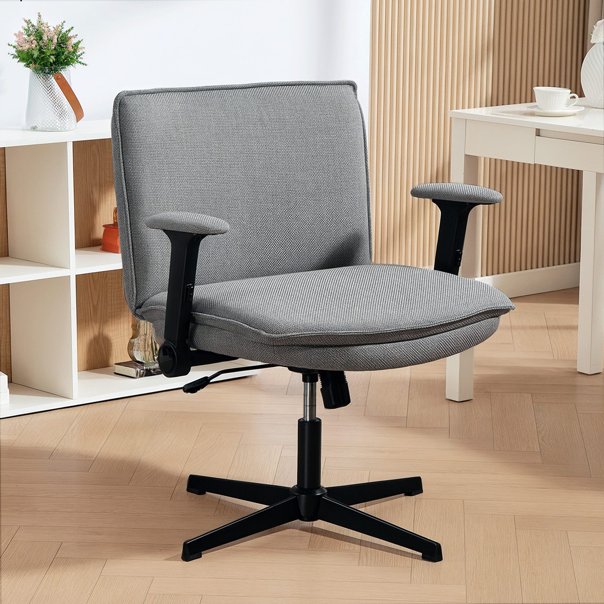 HOMCOM Bürostuhl Schreibtischstuhl, Schneidersitzstuhl, Leinenoptik, Home-Office (Drehstuhl, 1 St), für Schlafzimmer, Arbeitszimmer, Grau