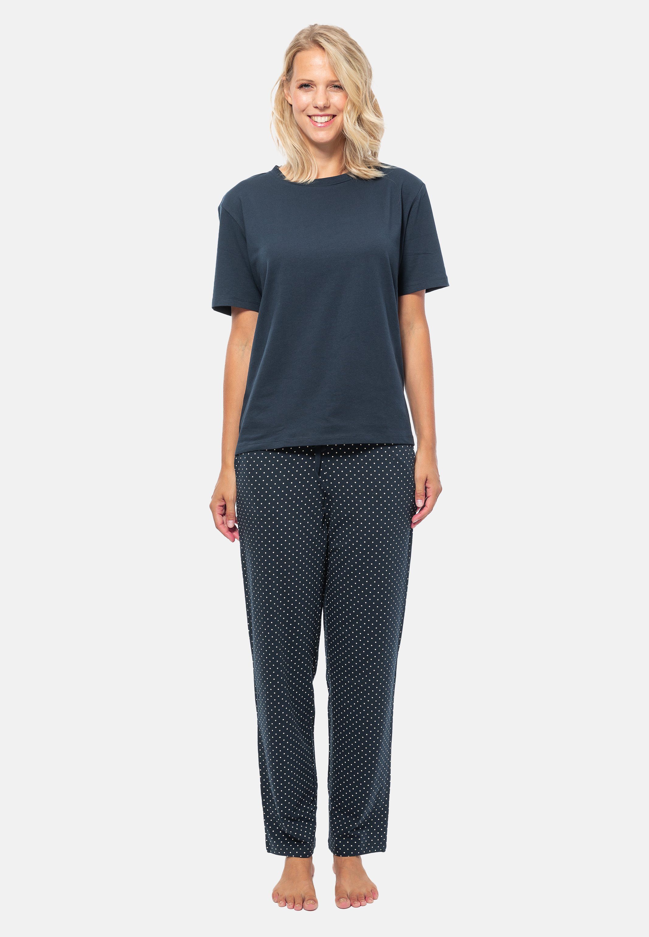 Schiesser Pyjama Organic Cotton (Set, 2 tlg) Schlafanzug - Baumwolle - Blau gepunktet / Dunkelblau