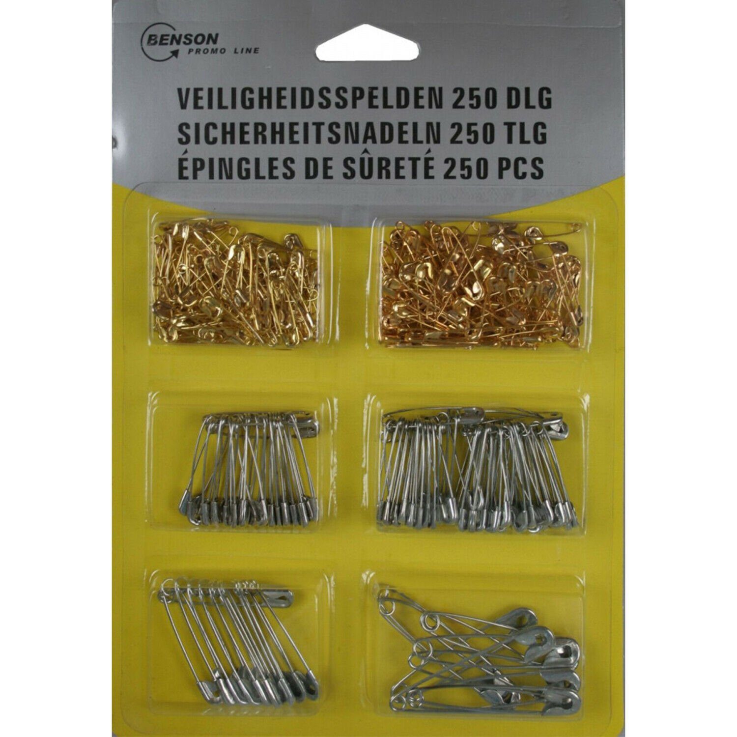 BENSON Pinnnadel 250x Sicherheitsnadeln Nadeln Set viele Größen, 19 - 43 mm, in Gold und Silber