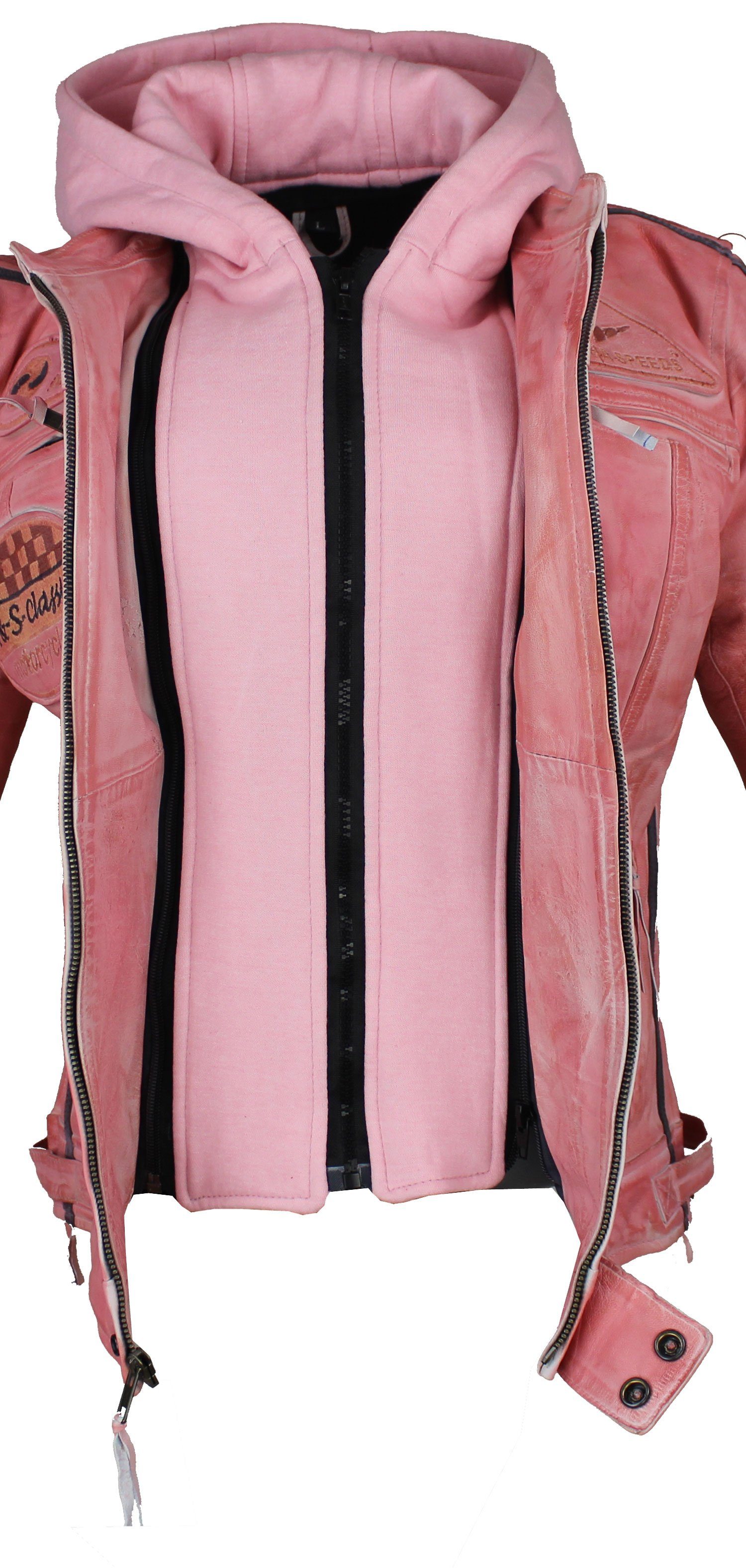 Alpha Speeds Lederjacke Damen Motorrad Leder Jacke Biker, Freizeit Highway Jacke Rosa aus weichem Lammleder, mit Protektoren & Kapuze