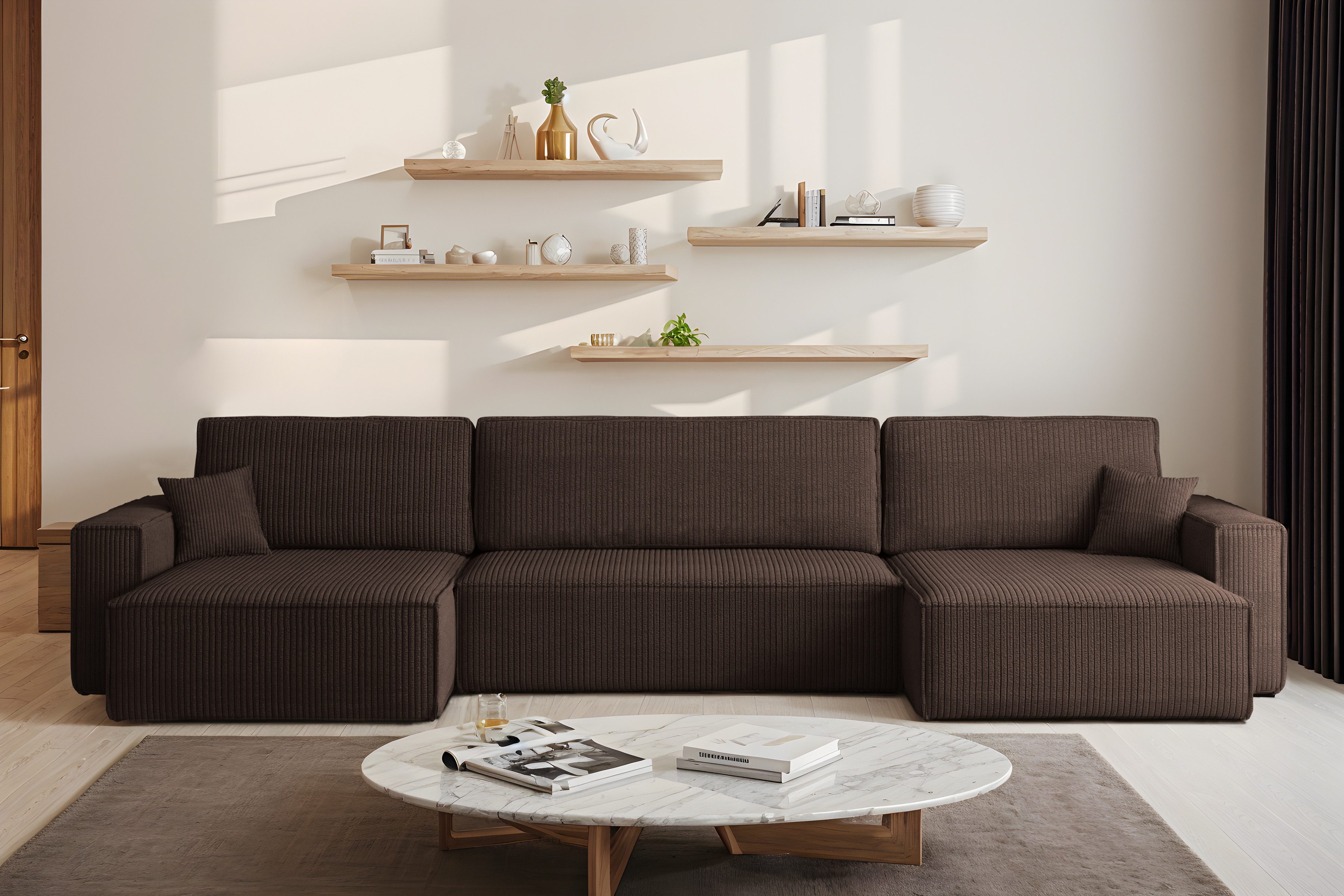 yourhouse24 Wohnlandschaft Gepolstertes KARL XXL U-Form, Cord-Stoff, mit Schlaffunktion und Bettkasten, Seite universal