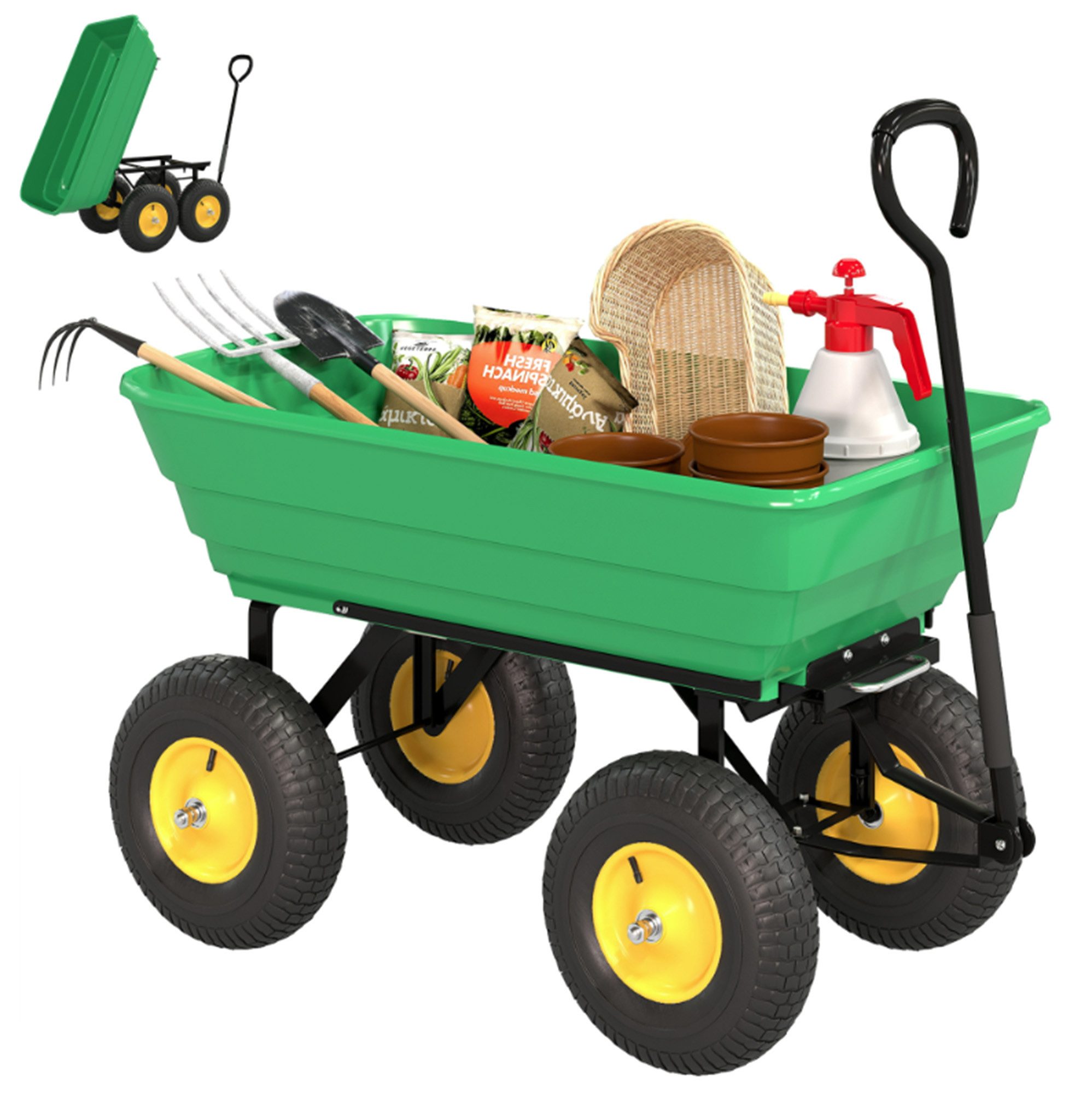 ibettertec Bollerwagen Gartenwagen Handwagen Bollerwagen Gartenarbeit mit Kippfunktion (Dunkelgrün Kunststoffwanne Ziehgriff Luftbereifung, 1-tlg., bis 200 kg 75 Liter Transportwagen Gartenkarre Dumper), Outsunny Gartenwagen mit Kippfunktion bis 200 kg Dunkelgrün