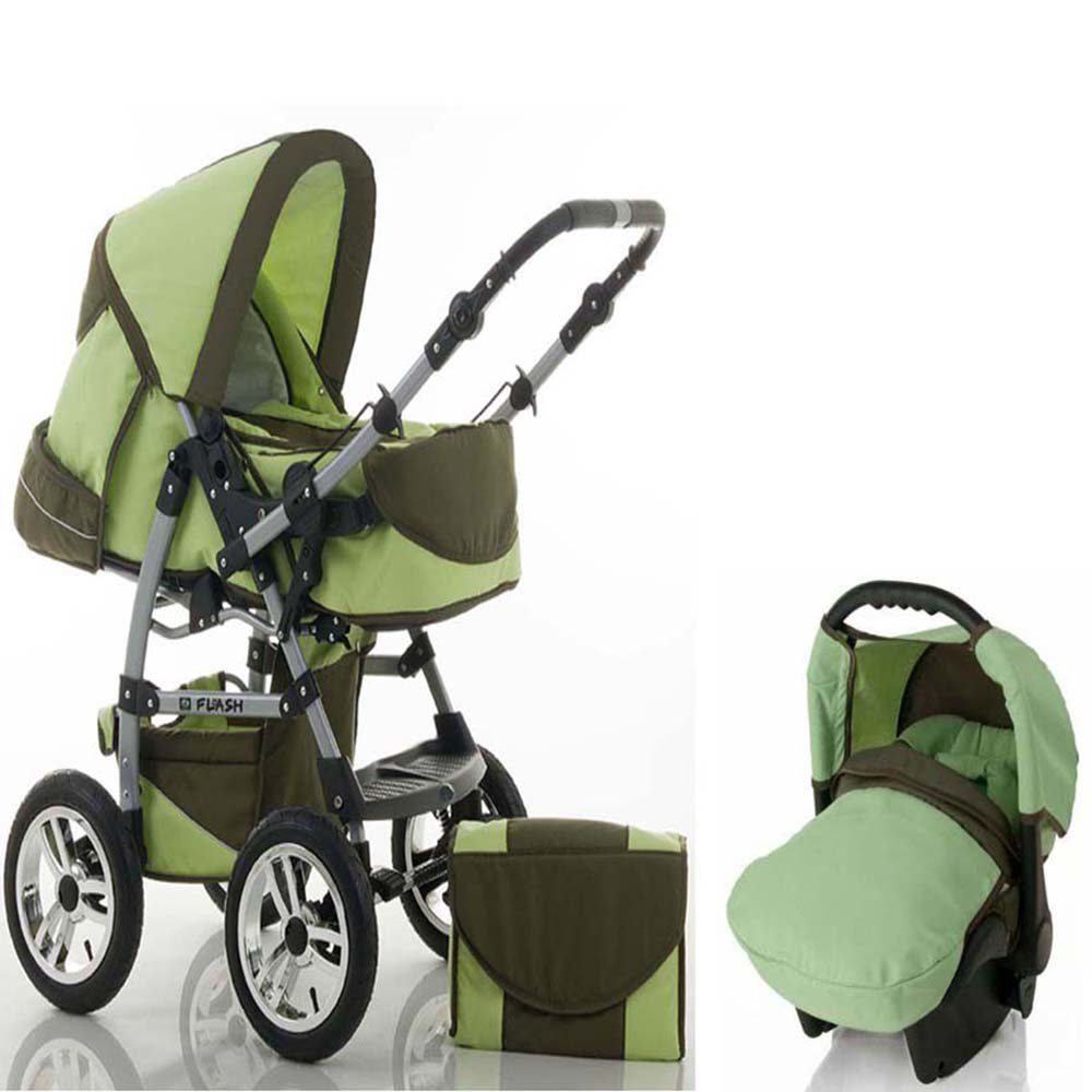 babies-on-wheels Kombi-Kinderwagen 3 in 1 Kinderwagen-Set Flash inkl. Autositz - 15 Teile - in 18 Farben Hellgrün-Olive