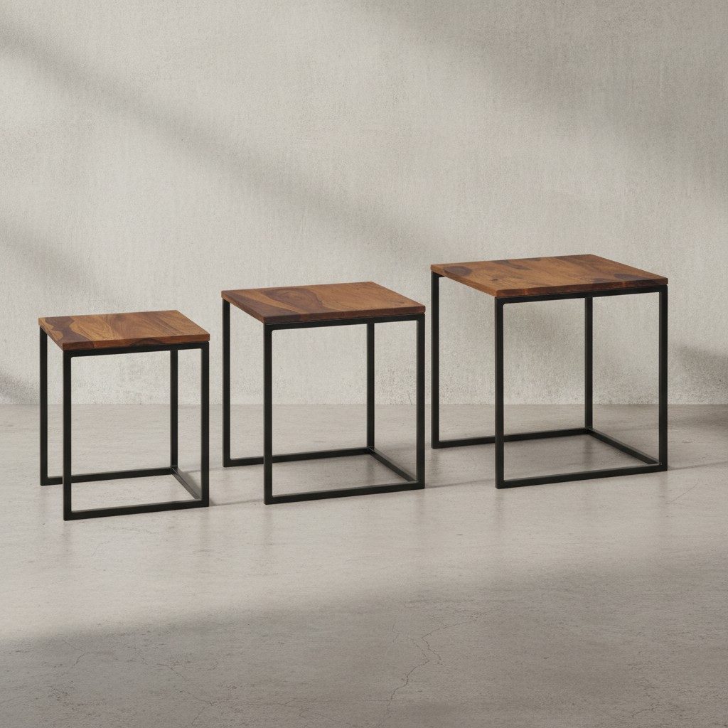 KADIMA DESIGN Satztisch Satztisch 3er Set Massivholz Metall Beistelltisch Eckig Sofatisch (Holztisch Kaffeetisch Wohnzimmer), Modern, Design Couchtisch 3-teilig, Wohnzimmertisch Platzsparend