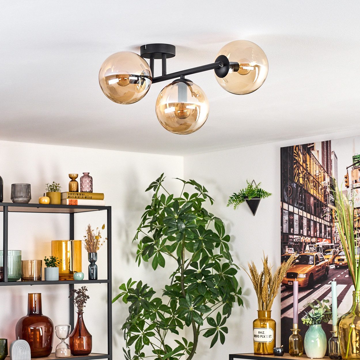 hofstein Deckenleuchte Deckenlampe aus Metall/Glas in Schwarz/Bernsteinfarben, Deckenleuchte im Retro/Vintage-Design (Schirme Ø 15 cm), 3 x E14