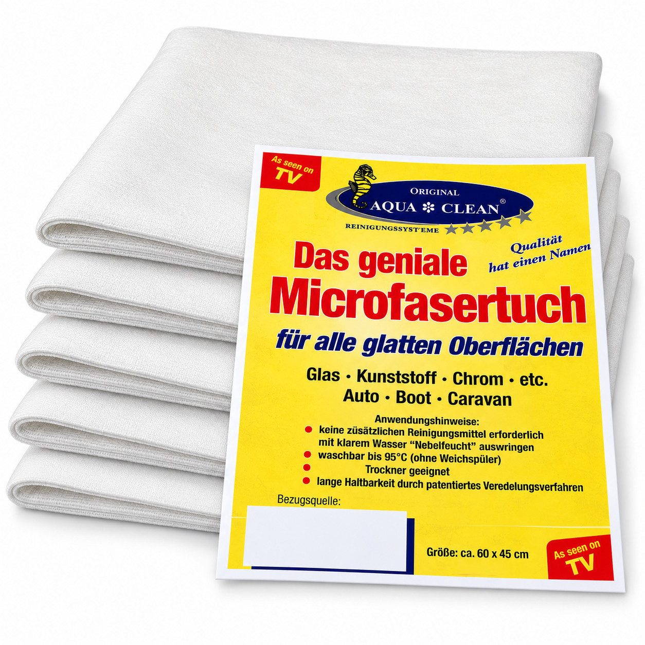 AQUA CLEAN Das geniale Microfasertuch 5er Set ca.45cm x 65cm Reinigungstuch (Langlebig, vielseitig, waschbar und für glatte Oberflächen)