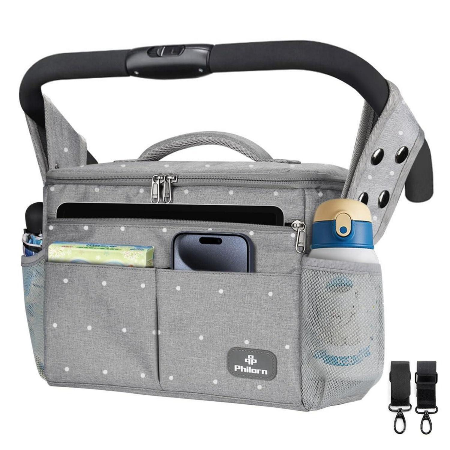 LuxusKollektion Kinderwagen-Tasche Kinderwagen Organizer Isolierte Getränkehalter Grau mit Punkten Große