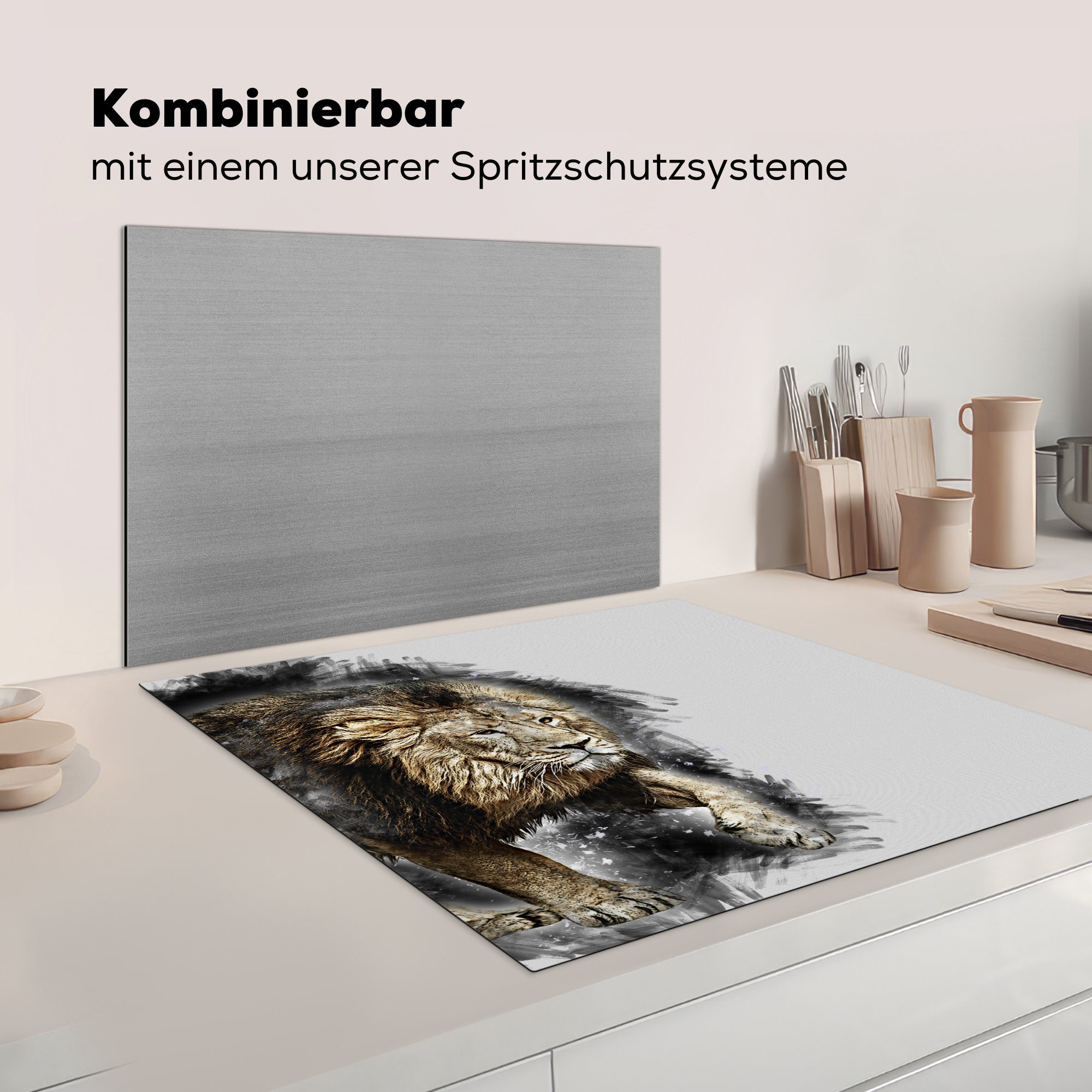 MuchoWow Herdblende-/Abdeckplatte Löwe Arbeitsplatte tlg), - küche für Weiß, 78x78 Farbe cm, Ceranfeldabdeckung, - - Vinyl, Schwarz (1