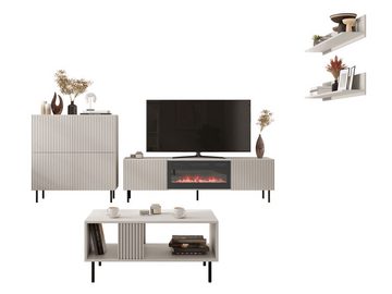 MIRJAN24 Wohnzimmer-Set Aruba V, (5er-Set, 2x Wandregal, Kommode, TV-Lowboard mit Kamin, Couchtisch), Metallfüße in der Farbe Schwarz