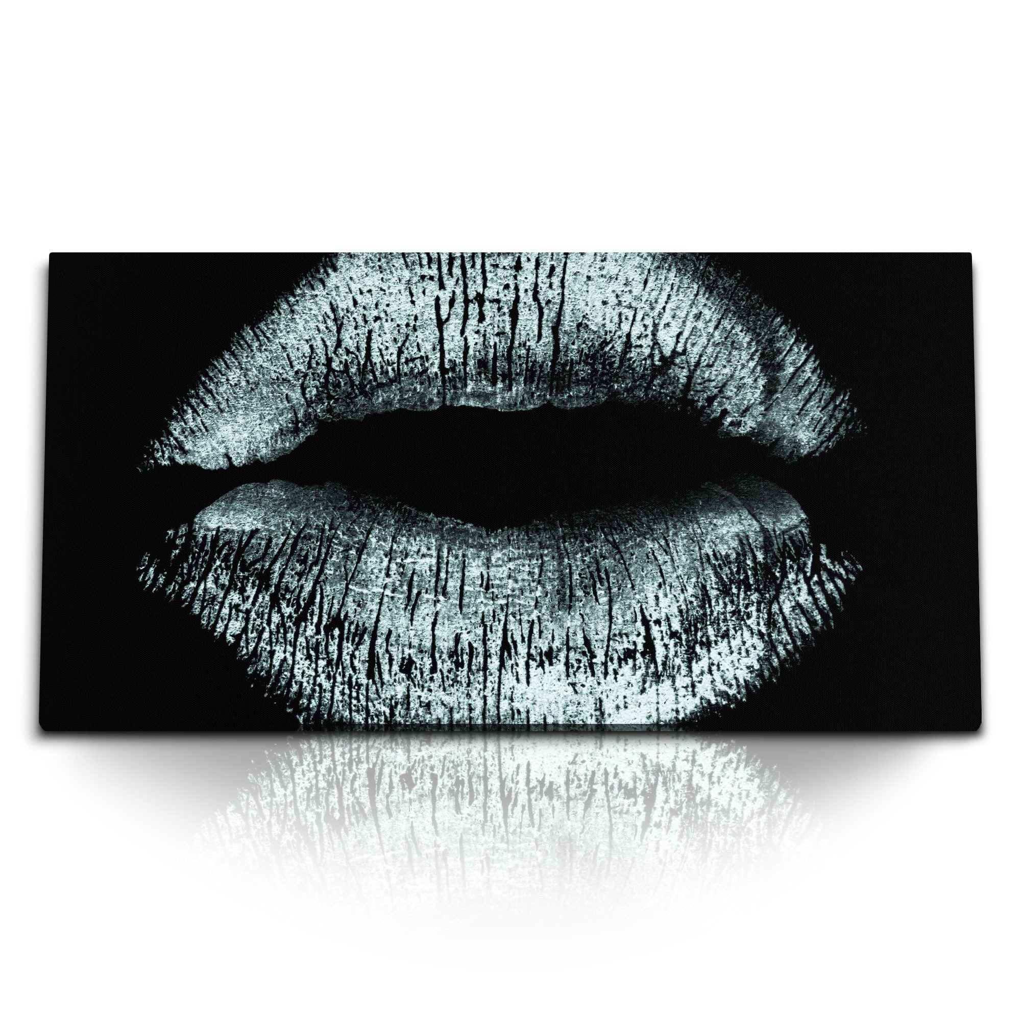 Leinwandbild Kunstdruck Bilder 120x60cm Frauenlippen Lippen Schwarz Weiß Lippenstif