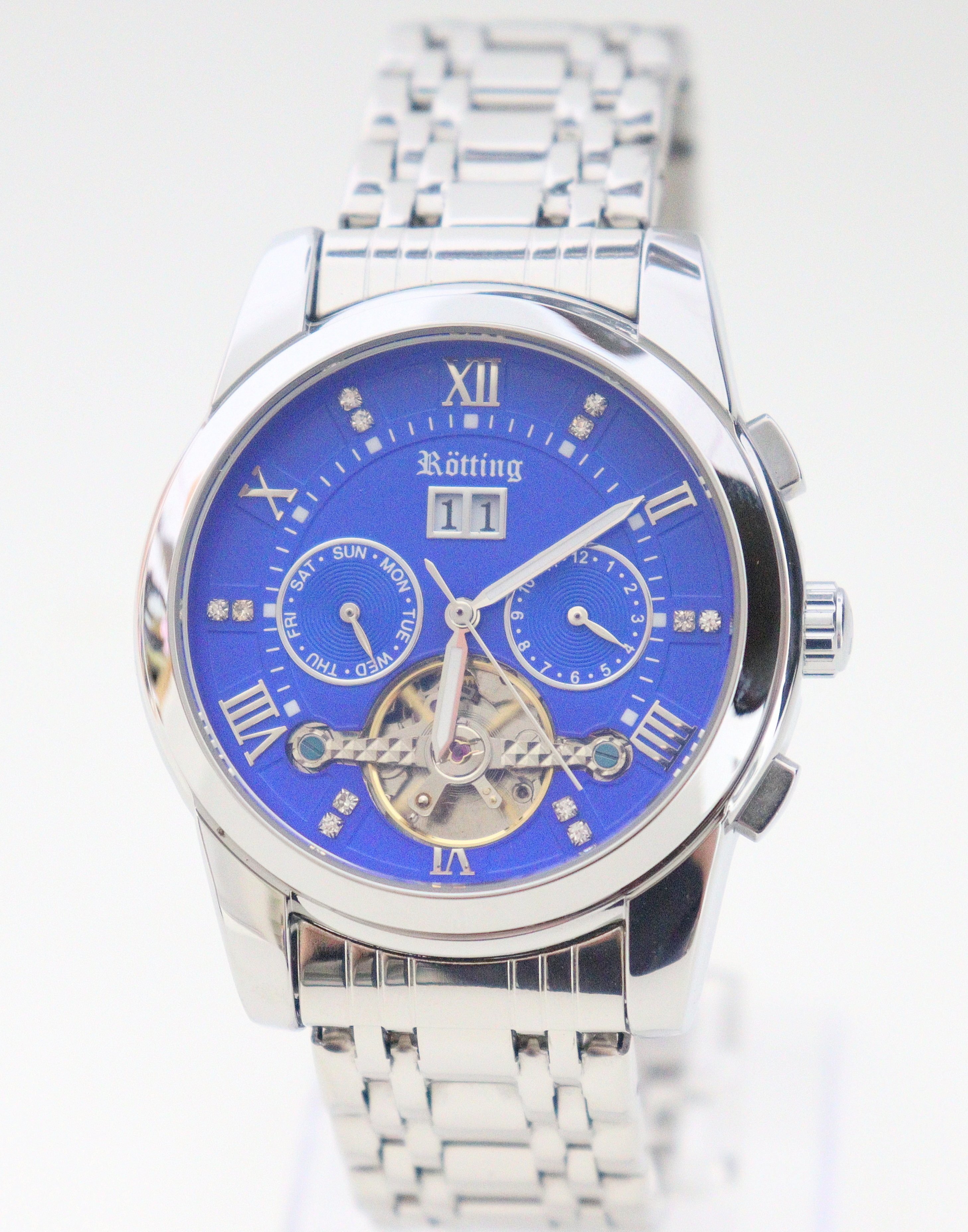 Rötting Design Automatikuhr Herrenuhr blaues Ziffernblatt DATUM Umfang 18 bis 24 cm wählbar, Automatik Armbanduhr