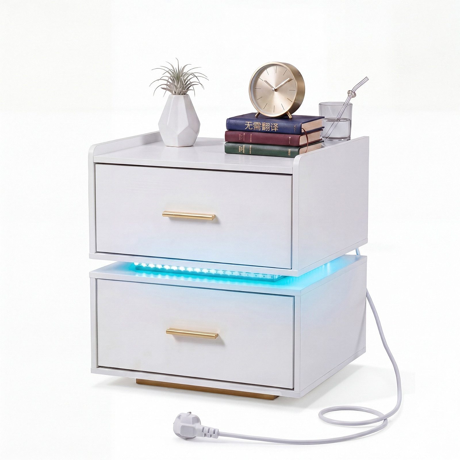 KOMFOTTEU Nachttisch, mit 2 Schubladen, RGB LED-Lichtleiste & integrierter Ladestation
