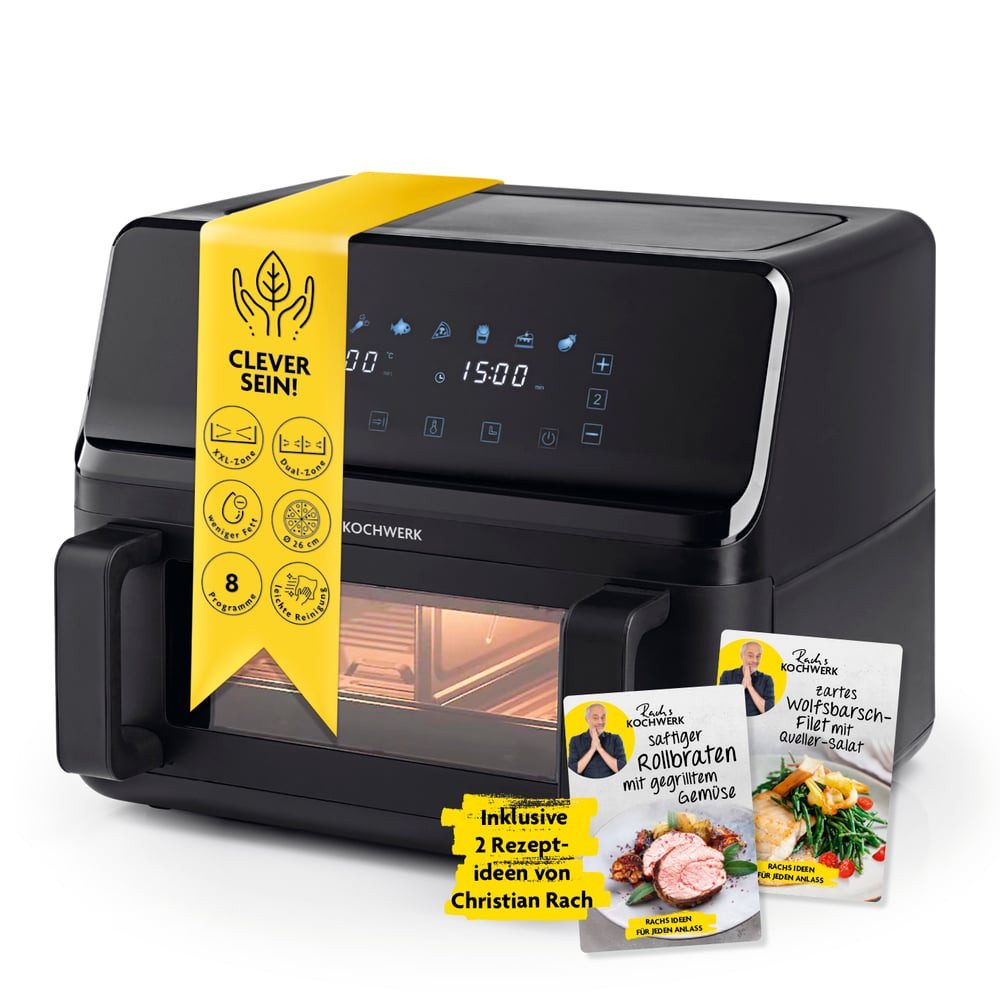 Rachs KOCHWERK Heißluftfritteuse Doppelkammer 9l 8 Programme, 2700 W, Airfryer Frittieren Backen Speisen ohne Öl fettarm 2700W Smart-Cook