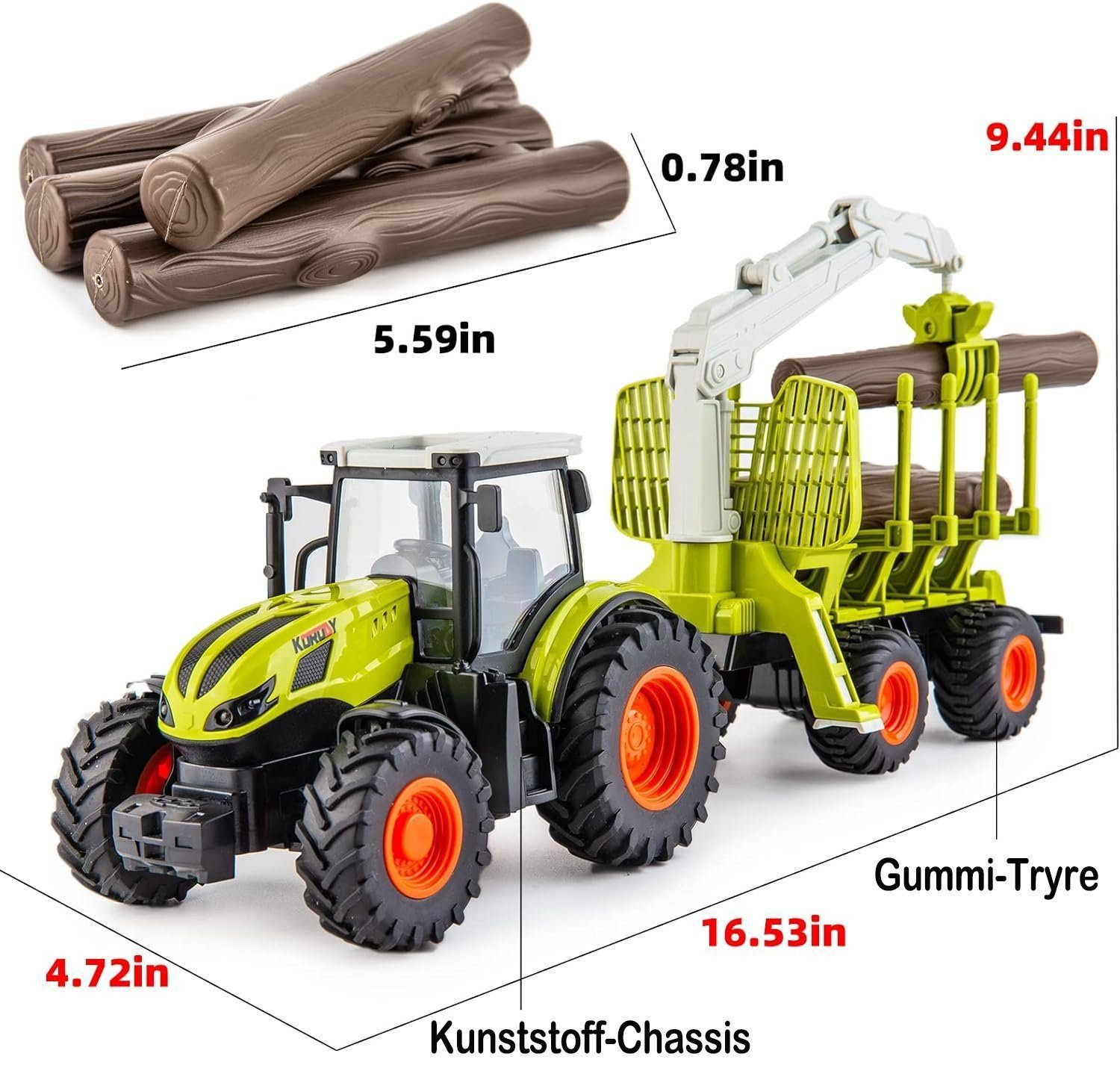 Esun RC Tractor, Remote Controlled Tractor, RC Tractor with Trailer (Set, Complete Set), Wood Grabber, 4 Wood Strips, Truck Toy for Ages 3, 4, 5, and 6
