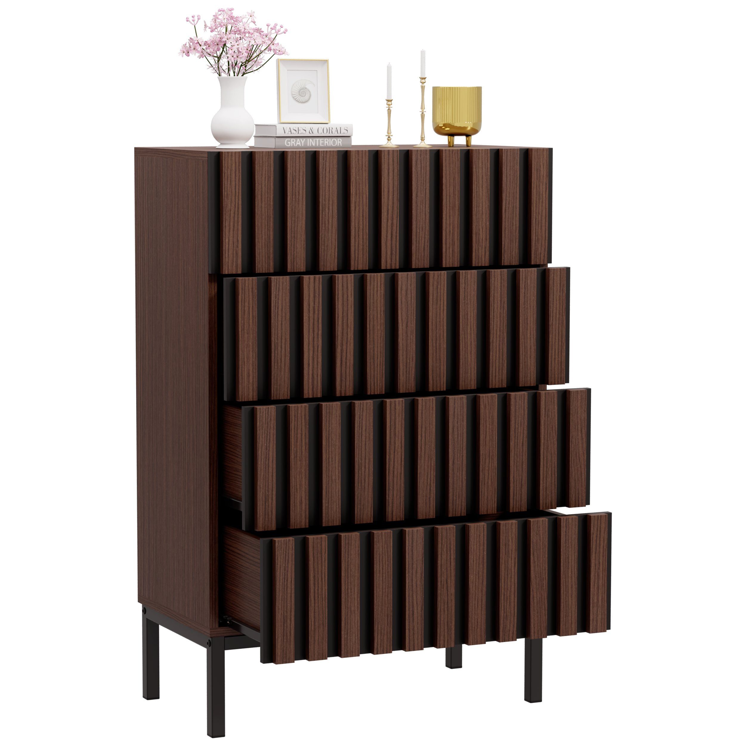 UEV Kommode schmal mit 4/5 Schublanden, Sideboard Beistellschrank Buffet (Aufbewahrungskommode, Mehrzweckschrank aus Holz(Natur/Schwarz/Dunkelbraun), Schrank für Wohnzimmer Schlafzimmer Flur