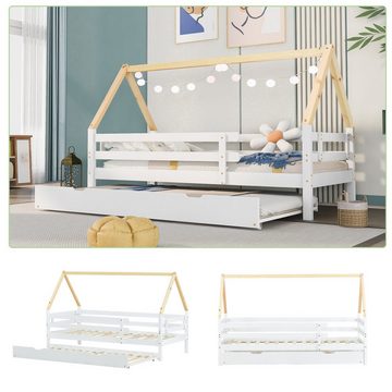 HAUSS SPLOE Bett Hausbett Kinderbett Einzelbett Bettrahmen Schiebebett Holzbett (mit Rollen unten, 200x90cm), Ohne Matratze