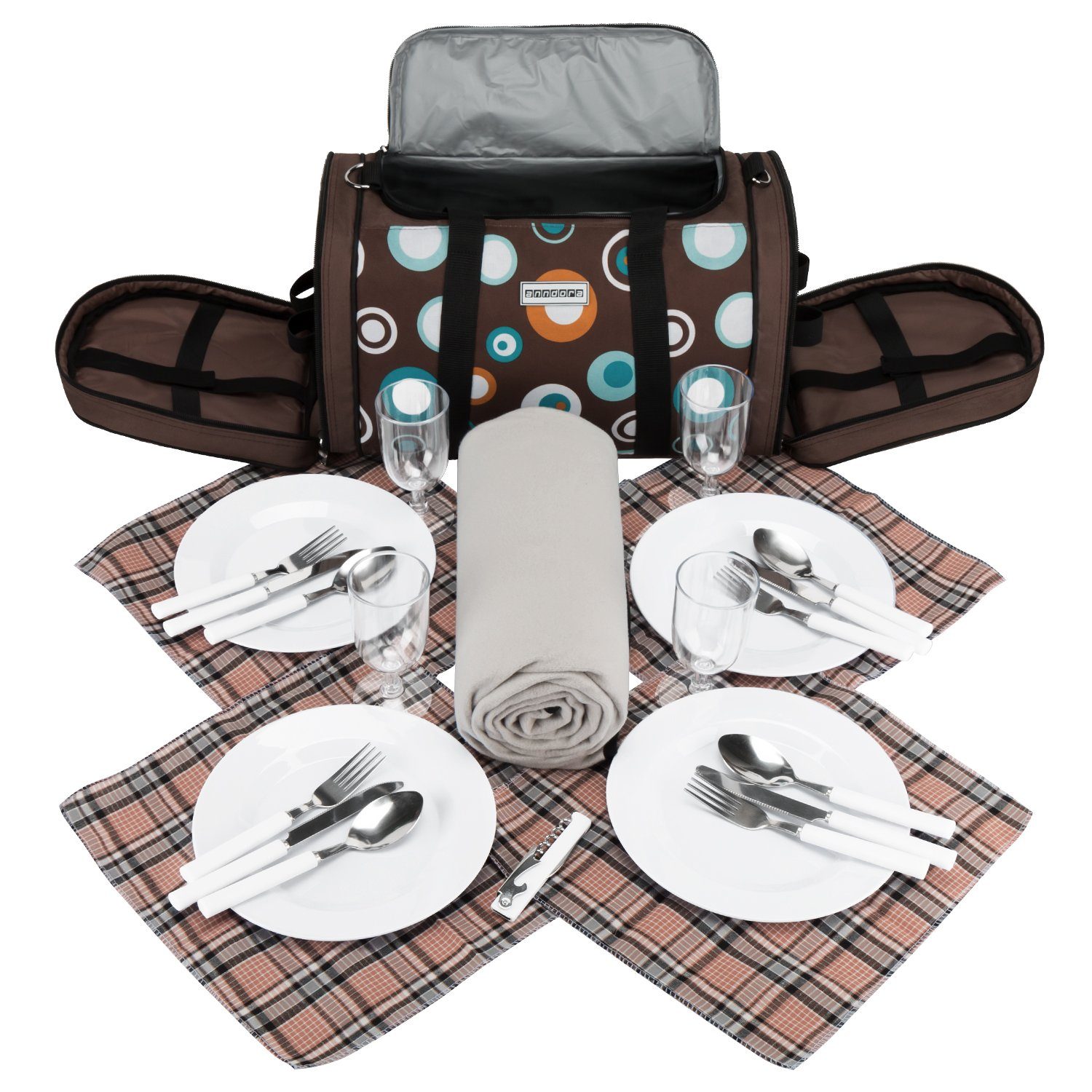 anndora Picknickkorb Kühltasche inkl. Outdoordecke + 20 tlg. Zubehör f. 4 Personen, gepolsterter Tragegurt - zusammenlegbare Outdoordecke