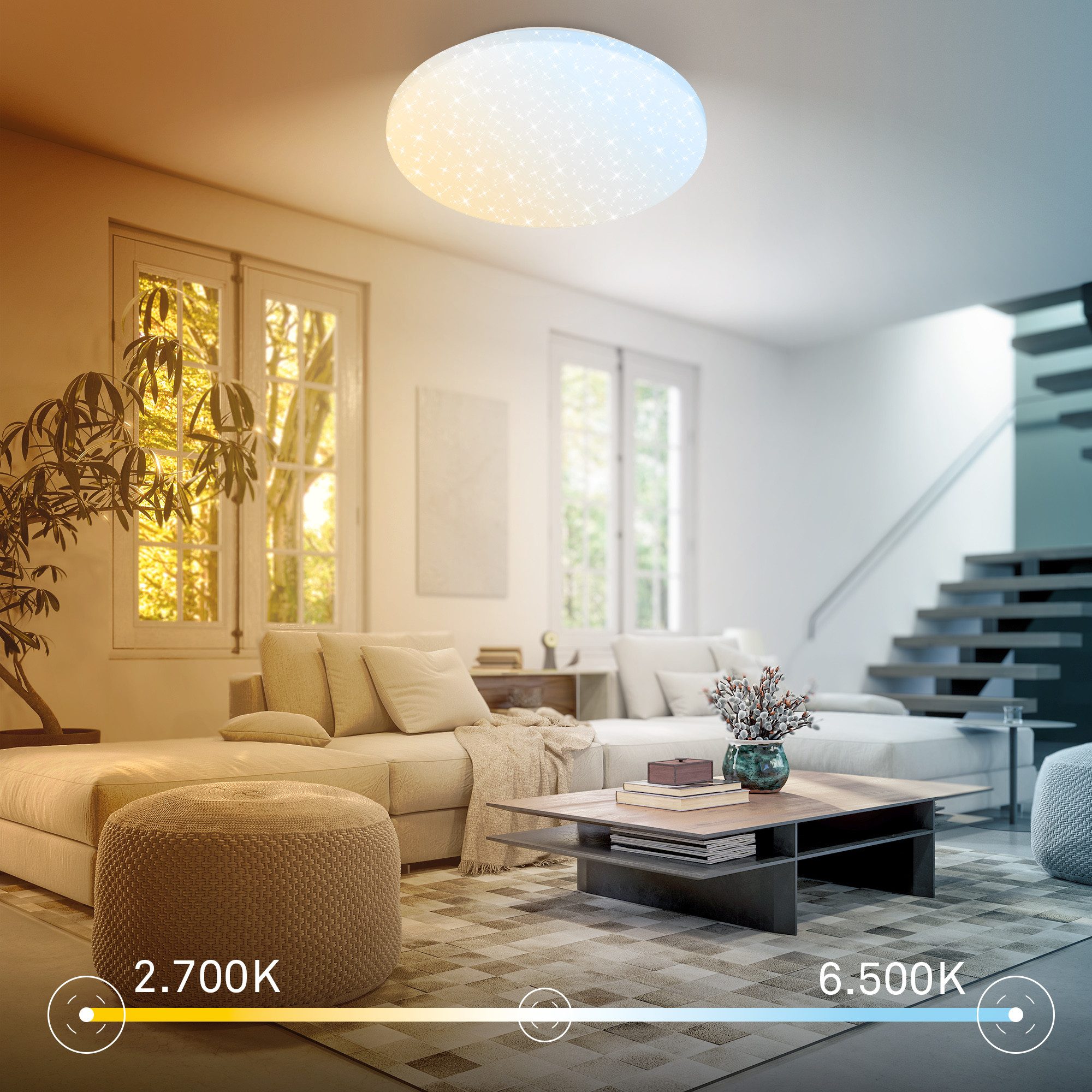 Briloner Leuchten Deckenleuchte LED Deckenlampe Sternenhimmel Wohnzimmer Schlafzimmer Küche 28-76 cm, LED fest integriert, CCT, Deckenlampe, 38x6,5cm, Weiß, 23W, Wohnzimmer, Schlafzimmer, Küche