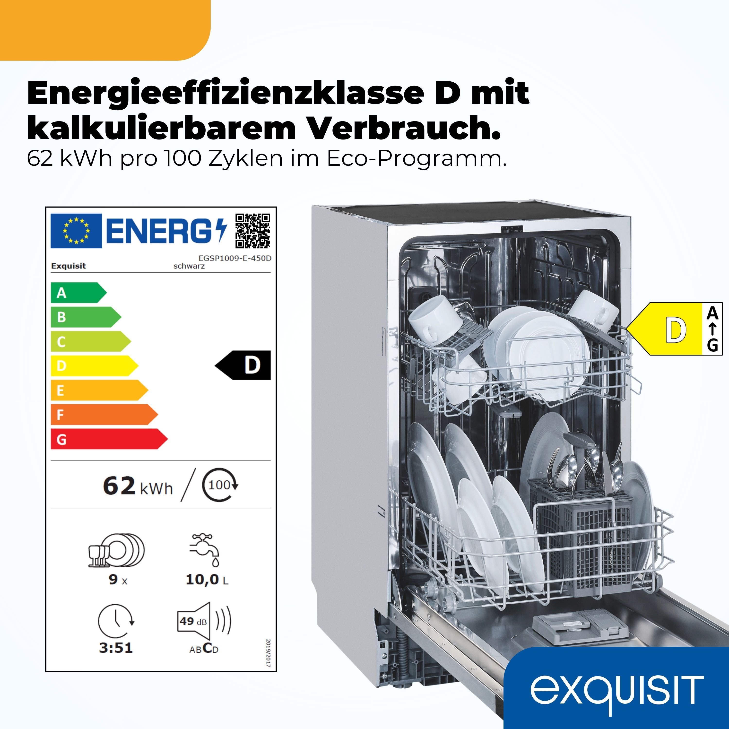 exquisit vollintegrierbarer Geschirrspüler 1009 EGSP1009-E-450D schwarz, 10 l, 9 Maßgedecke, 9 Maßgedecke & flüsterleise 49 dB – stark und angenehm ruhig