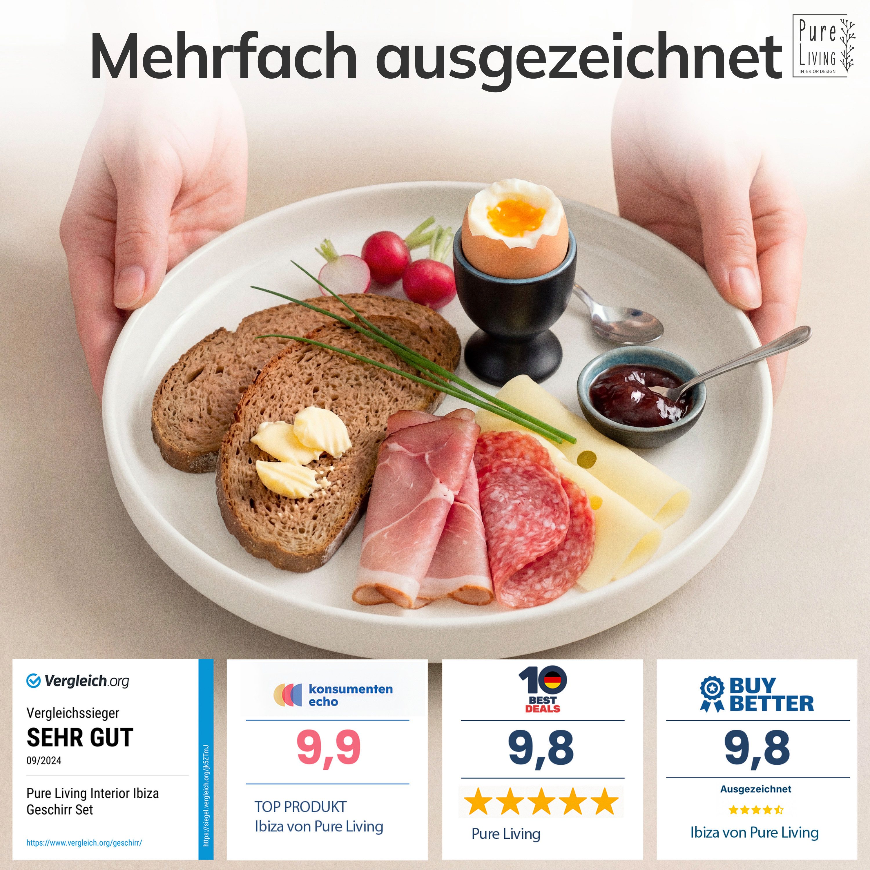 PURE LIVING INTERIOR DESIGN Geschirr-Set Crystal Dessertteller, Frühstückteller, 6er-Set, 20 cm, Weiß (6-tlg), 6 Personen, Porzellan – Bild 3 von 5