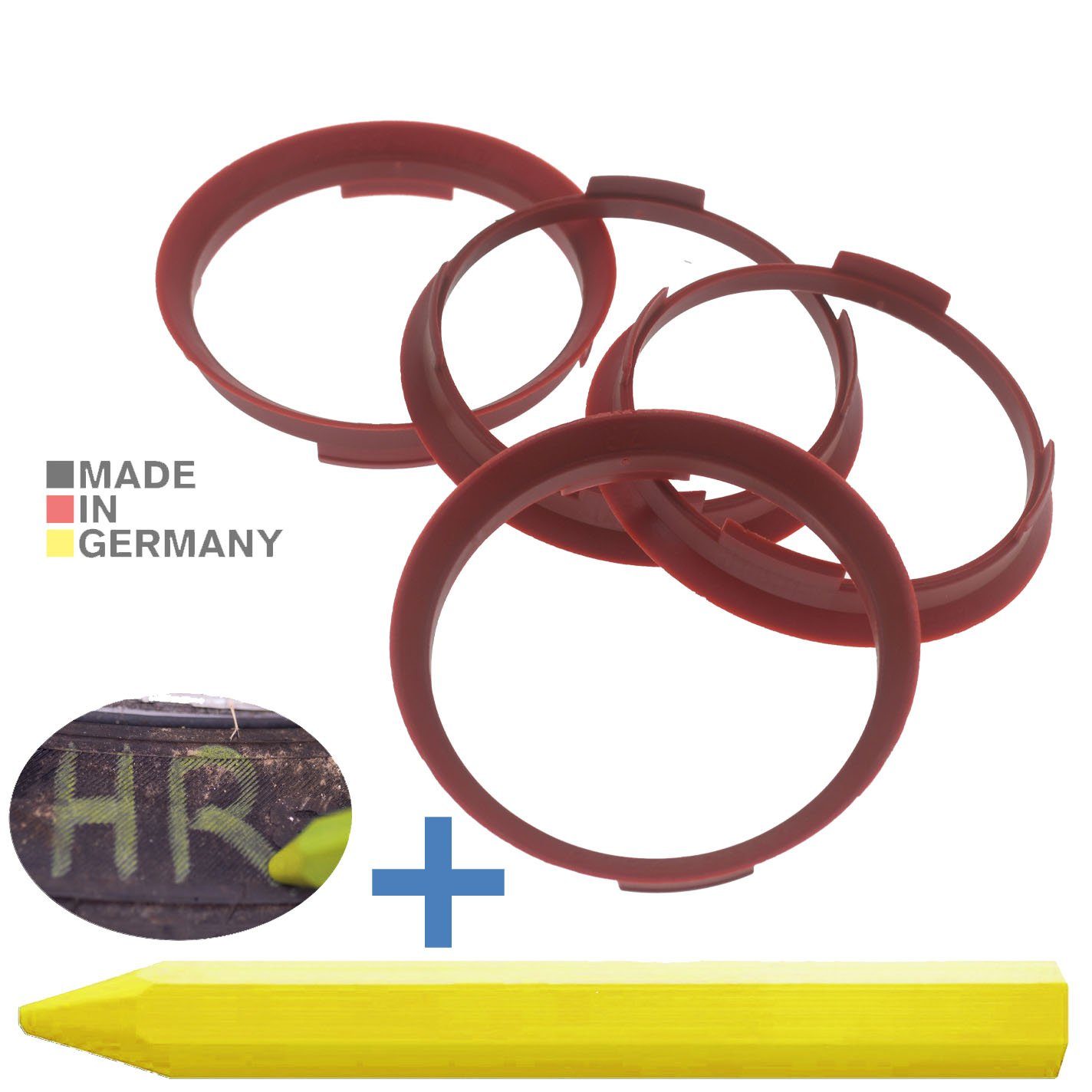 RKC Reifenstift 4X Zentrierringe Rot Felgen Ringe + 1x Reifen Kreide Fett Stift, Maße: 70,4 x 66,1 mm
