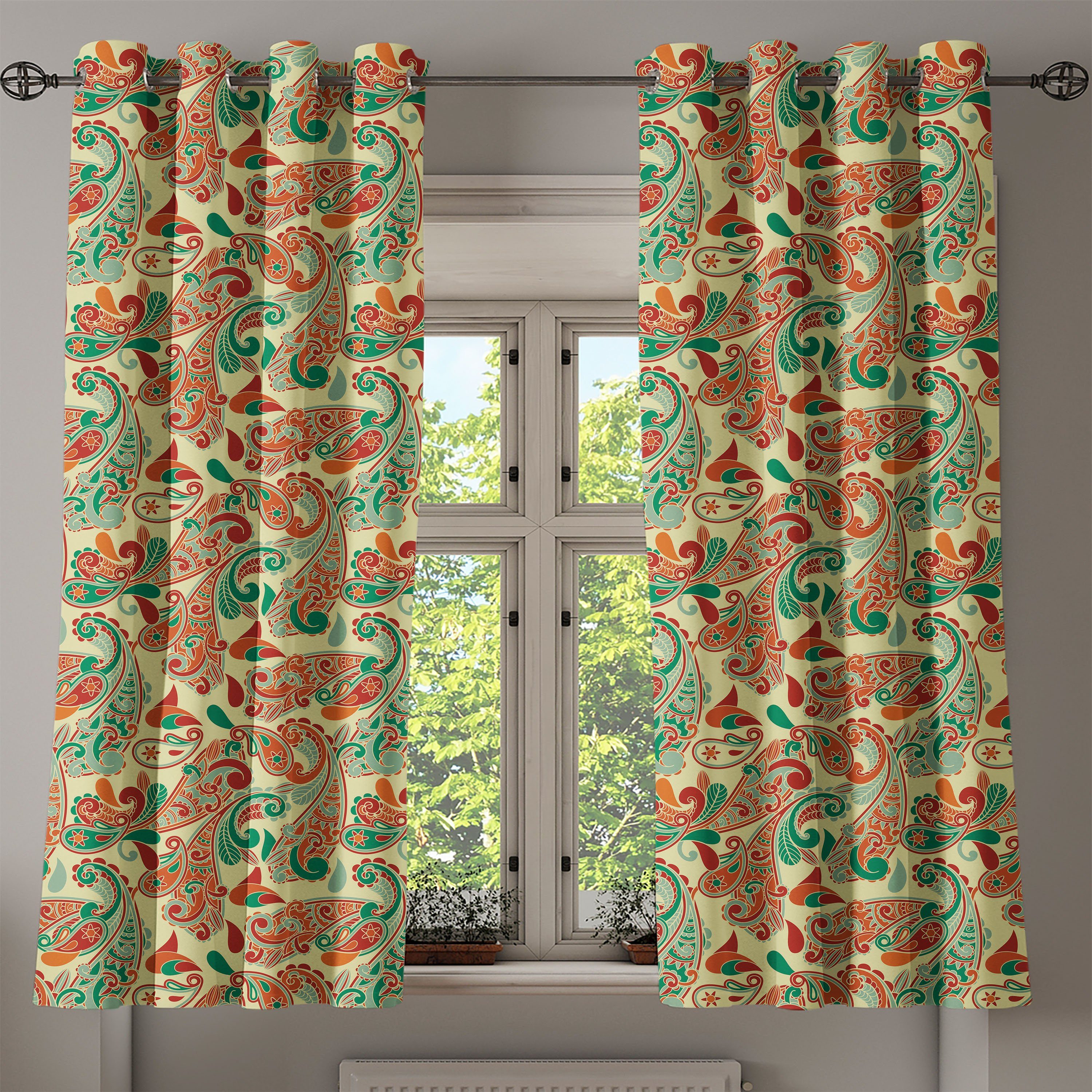 Gardine Dekorative Abakuhaus, Wohnzimmer, Schlafzimmer für Paisley-Art-Blätter Ethnisch 2-Panel-Fenstervorhänge
