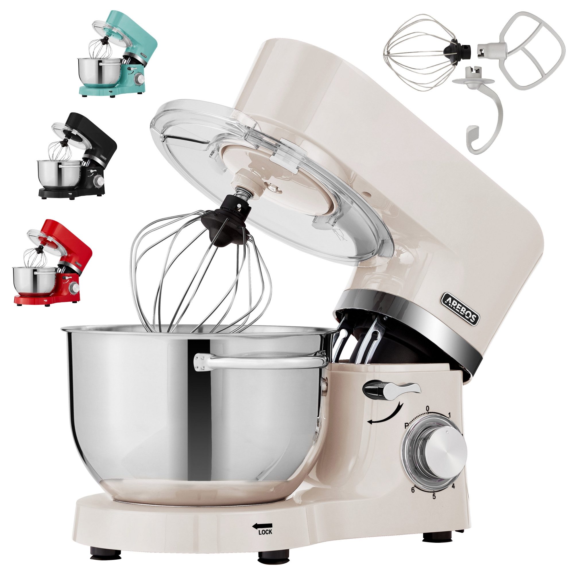Arebos Küchenmaschine mit 2x Edelstahl-Rührschüsseln 4,5 & 5,5L, 1500 W, 5,50 l Schüssel, Küchenmixer mit Rührhaken, Knethaken, Schlagbesen und Spritzschutz