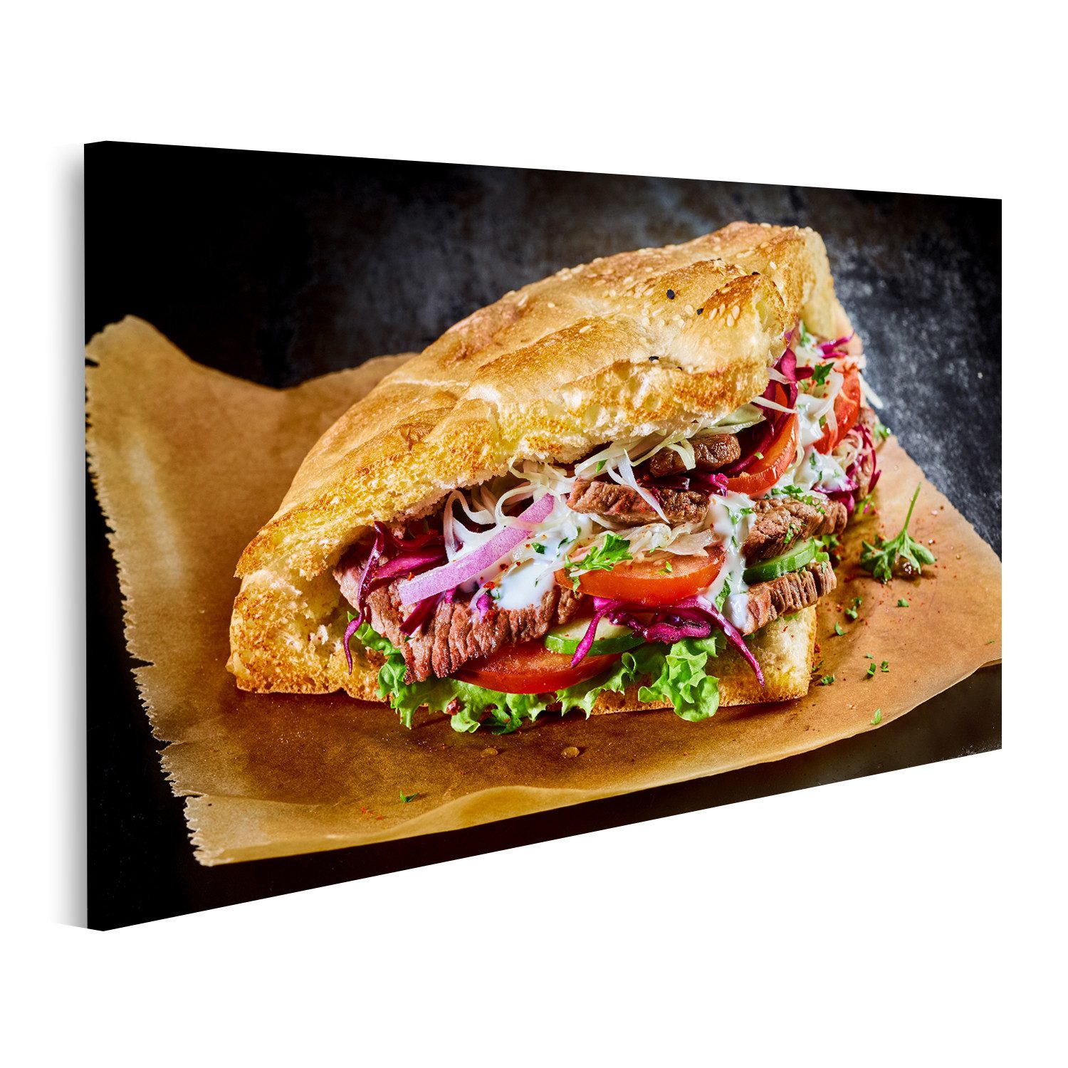islandburner Leinwandbild Türkischer Döner Goldenes Getoastetes Fladenbrot Gefüllt Rot Bilder