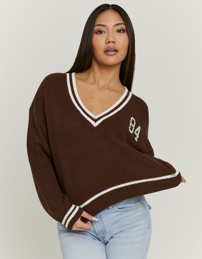 Tally Weijl Strickpullover SPUACKARIBOU Kunstfaser, mit tiefem V-Ausschnitt im College-Stil