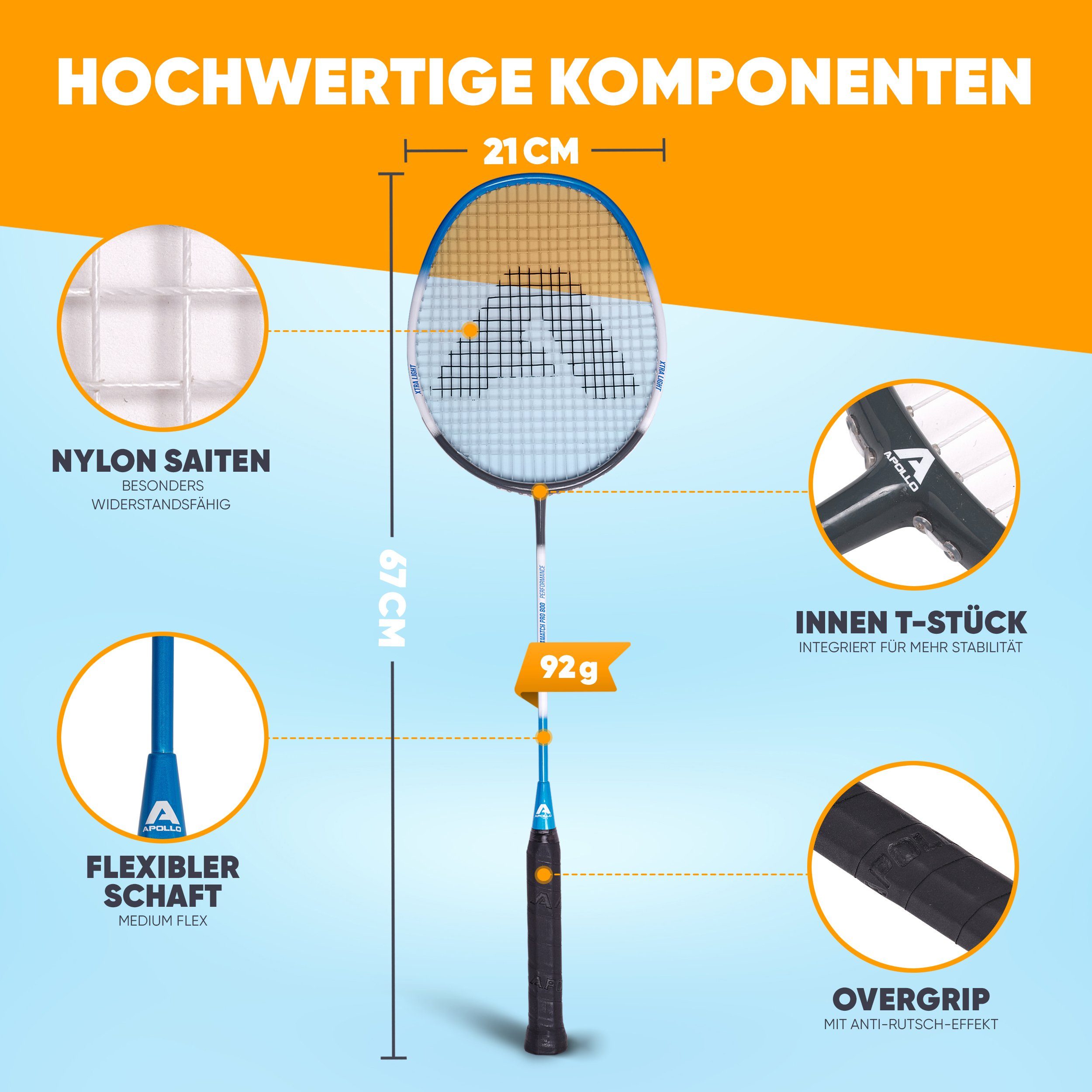 Apollo Badmintonschläger Badminton Set Badminton Match Pro 800, (Set, inkl. 2 Bällen und Tragetasche), inkl. 2 Bällen und Tragetasche