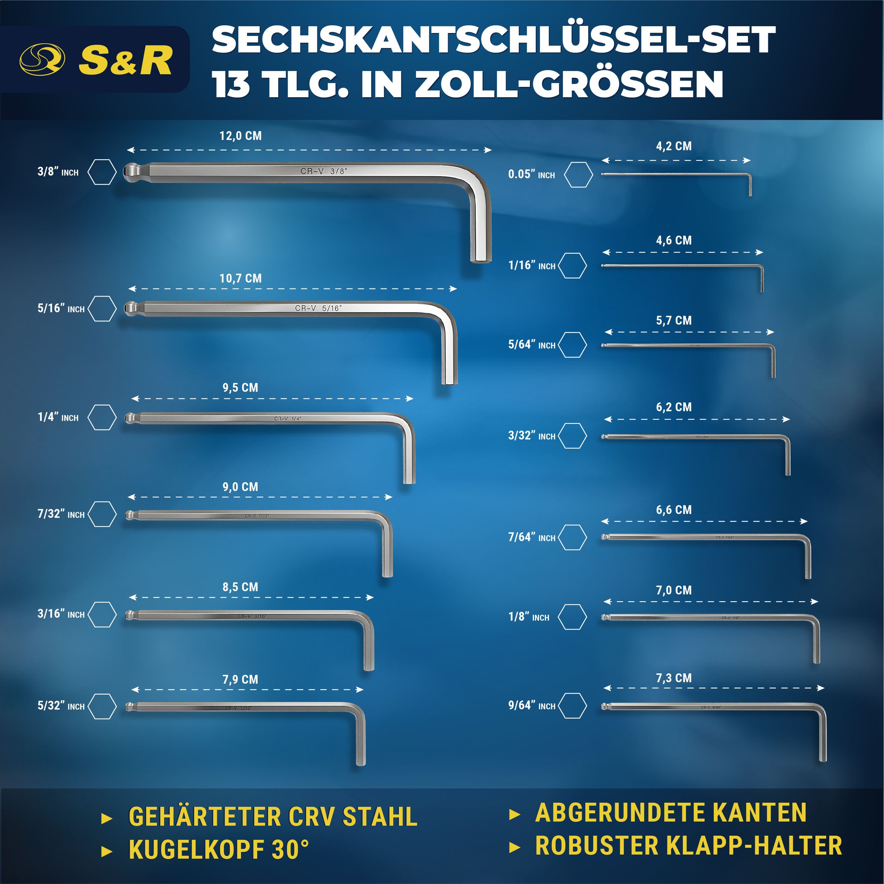 S&R Innensechskantschlüssel Innensechskantschlüssel Satz HX,13-tlg mit Kugelkopf in Kunststoffclip (Set, 13 St., 13-tlg, 0,05 bis 3/8 Zoll), 0,05 Zoll bis 3/8 Zoll, Cr-V-Stahl gehärtet, Korrosionsschutz