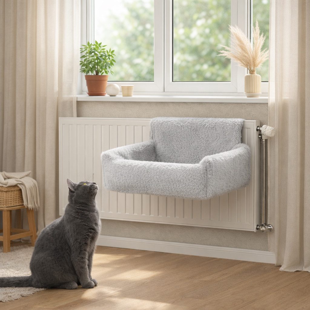 belviona Katzen-Hängematte für Heizkörper, Schlafplatz für Katzen bis 8 kg, hellgrau, kuscheliges Textil, Katzen-Heizkörperliege mit waschbarem Bezug