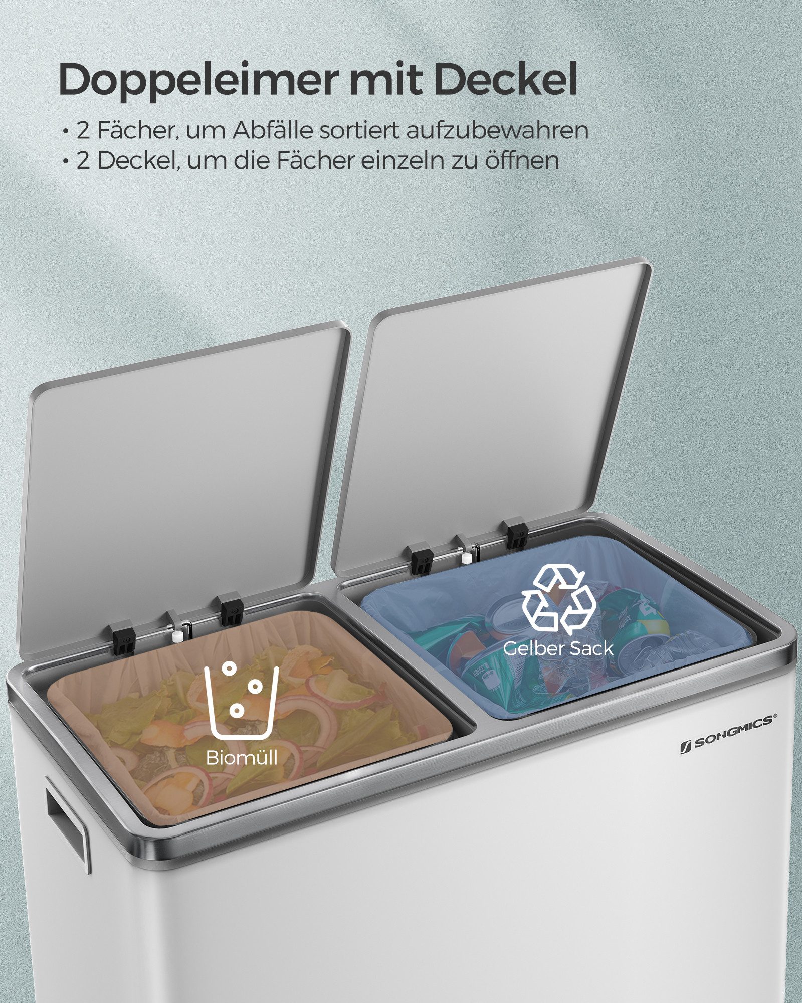 SONGMICS Mülleimer 2 Fächer, Mülltrennsystem, Treteimer, Abfalleimer Küche, 15 Müllsäcke, 2x30L, Inneneimer aus Kunststoff, Klappdeckel, Softclose, luftdicht