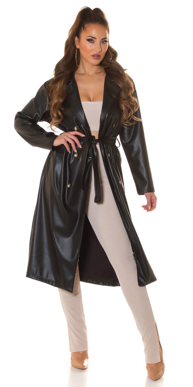 Koucla Ledermantel Kunstleder Mantel mit Gürtel & Knopfleiste,Trenchcoat, Lederjacke lang Vielseitig kombinierbar, Langlebigkeit durch Premium-Material